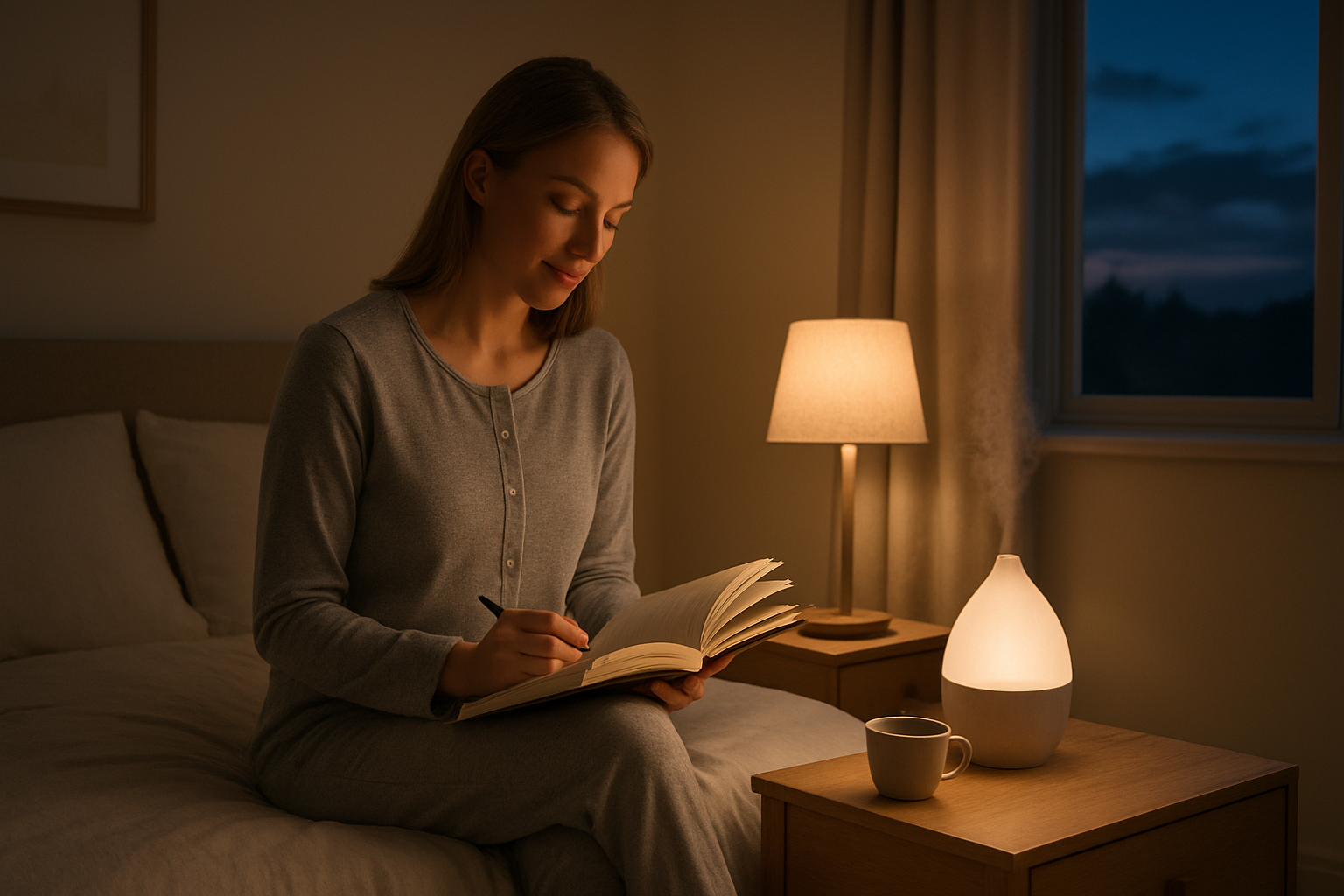 Create a realistic image of a serene bedroom scene with a white female in her 30s sitting on the edge of a neatly made bed wearing comfortable pajamas, engaging in calming evening activities like reading a book or writing in a journal, with soft warm lighting from a bedside lamp, lavender essential oil diffuser creating gentle mist, a cup of herbal tea on the nightstand, dimmed overhead lights creating a peaceful atmosphere, clean organized space with minimal decor, and a window showing twilight sky in the background, absolutely NO text should be in the scene.