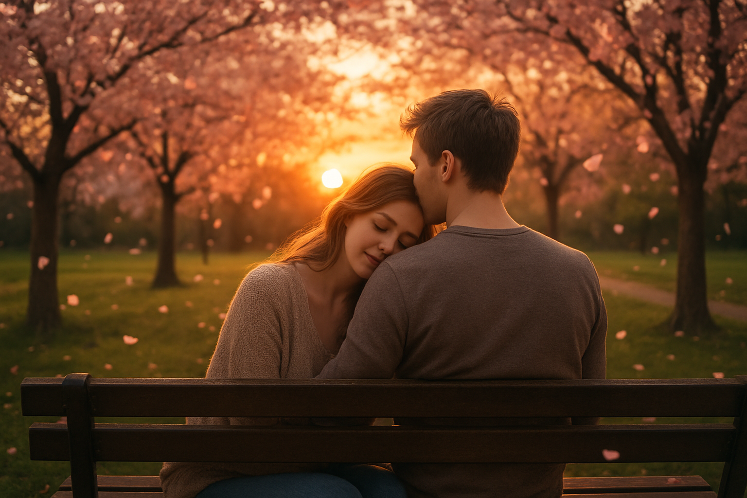 Create a realistic image of a young white couple sitting together on a park bench during golden hour, with the woman resting her head on the man's shoulder as they watch a beautiful sunset, surrounded by blooming cherry blossom trees with soft pink petals gently falling around them, creating a warm and intimate atmosphere that captures the essence of being fully present in a loving moment, with soft natural lighting filtering through the trees and a peaceful park setting in the background. Absolutely NO text should be in the scene.