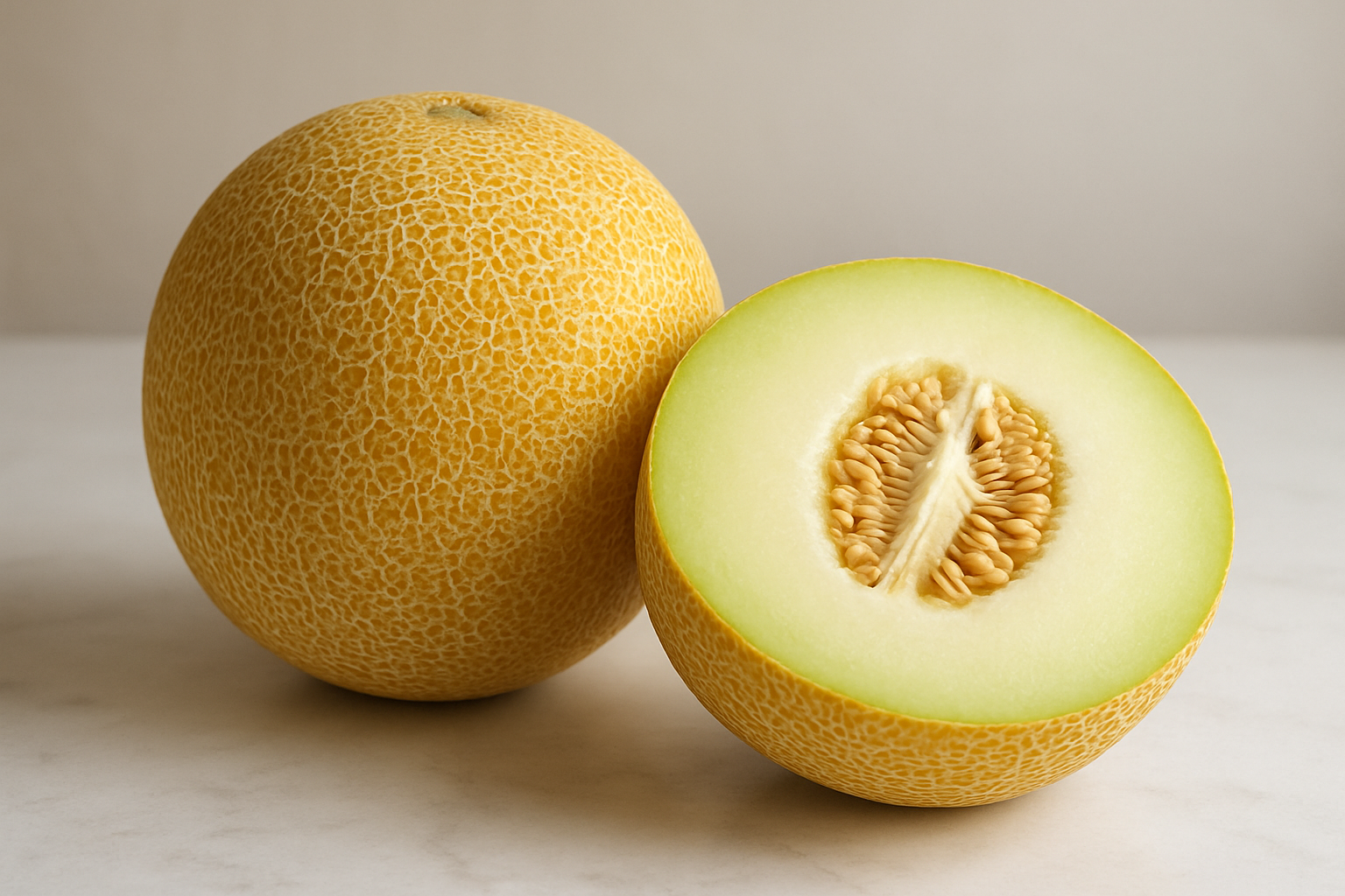 Create a realistic image of a whole Galia melon prominently displayed in the center with its distinctive netted golden-yellow skin texture clearly visible, alongside a cut half showing the pale green to white flesh and seed cavity, placed on a clean white marble surface with soft natural lighting from the side that highlights the melon's unique textured exterior and smooth interior flesh, creating gentle shadows that emphasize the fruit's round shape and distinctive characteristics, with a subtle neutral background that keeps focus on the melon's identifying features, absolutely NO text should be in the scene.