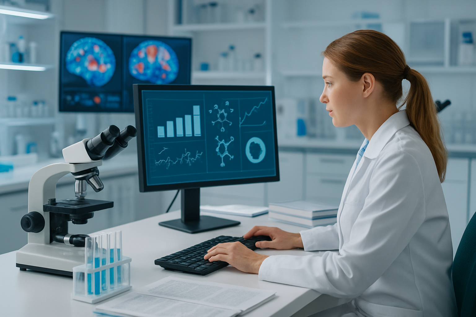 Create a realistic image of a modern medical research laboratory with scientific equipment including microscopes, test tubes, and brain scan monitors displaying colorful neural activity patterns, with a white female scientist in a lab coat examining data on a computer screen showing health statistics and molecular structures, surrounded by medical books and research papers, bright clinical lighting, clean white and blue color scheme conveying scientific precision and discovery, absolutely NO text should be in the scene.