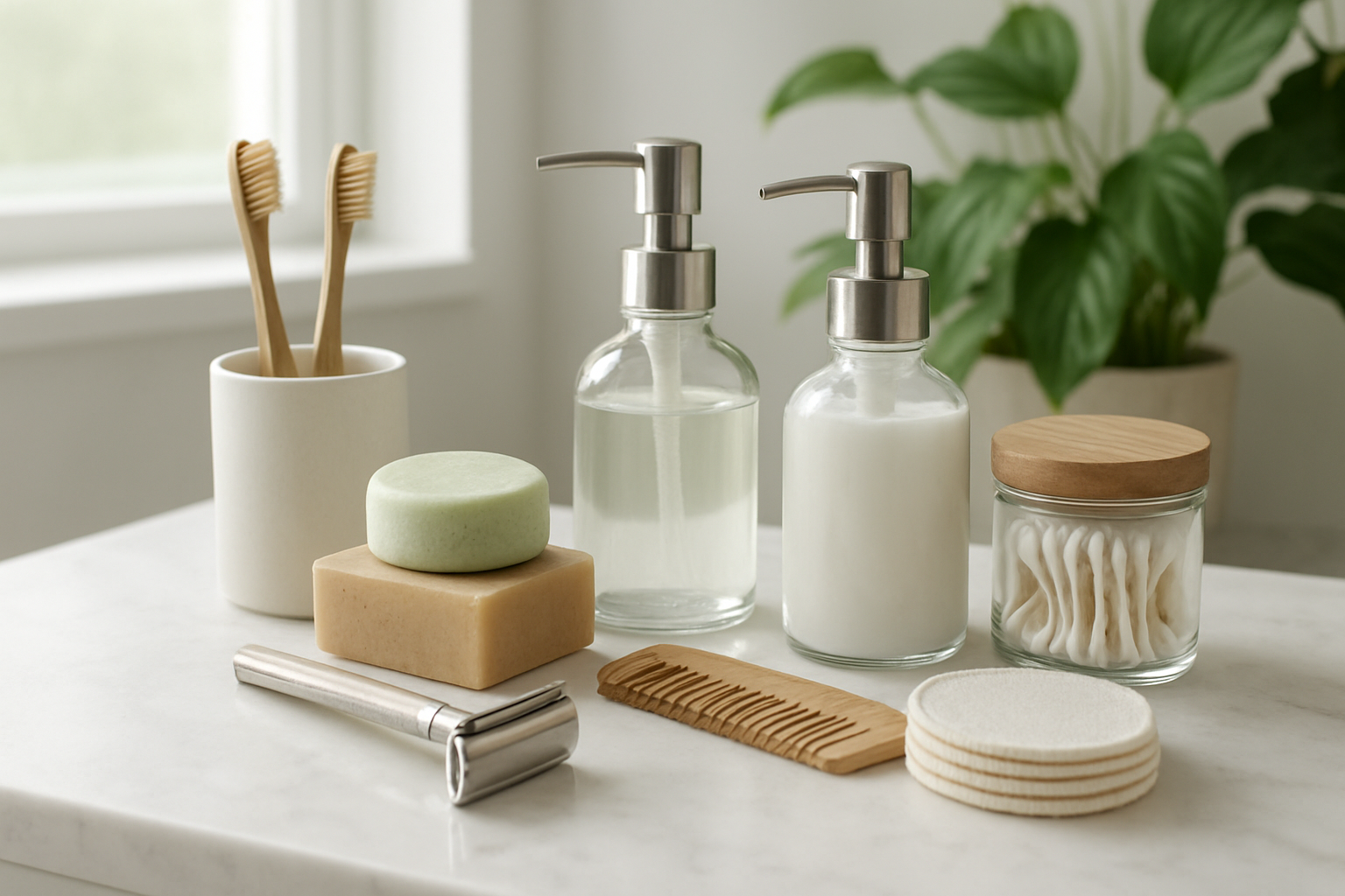 Create a realistic image of an organized bathroom counter or vanity displaying various eco-friendly personal care products including bamboo toothbrushes, solid shampoo bars, refillable glass containers with pump dispensers, metal safety razors, wooden combs, and reusable cotton rounds, all arranged aesthetically on a clean white marble surface with soft natural lighting from a nearby window, featuring green plants in the background to emphasize the eco-friendly theme, with a minimalist and clean atmosphere that highlights the sustainable alternatives to plastic personal care items, absolutely NO text should be in the scene.