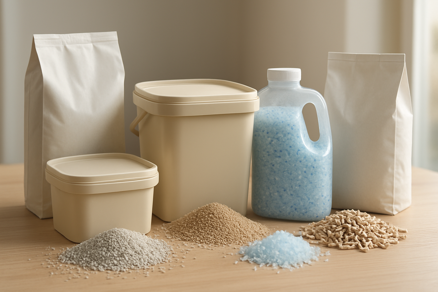 Create a realistic image of multiple premium cat litter containers and packages arranged on a clean wooden surface, with different types of cat litter visible including clumping clay, crystal, and natural varieties, some litter scattered artistically around the containers showing texture and granule details, a subtle fresh and clean atmosphere with soft natural lighting from the side, and a simple blurred background suggesting a pet store or home environment, Absolutely NO text should be in the scene.