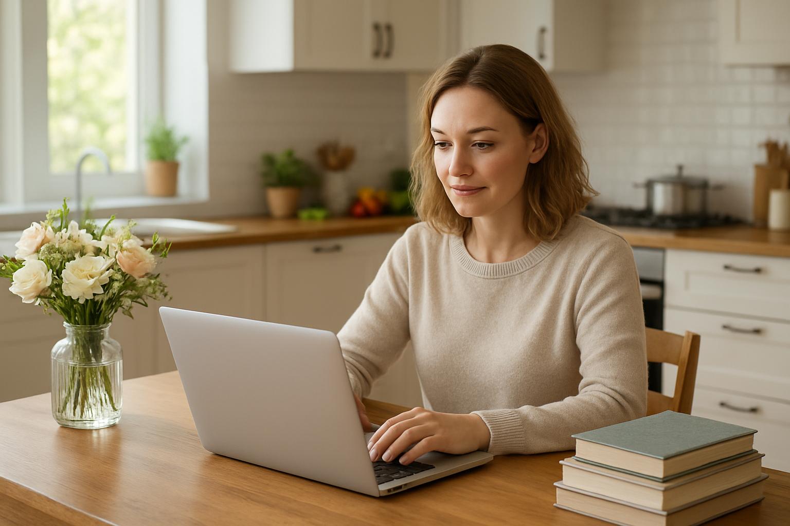 Create a realistic image of a modern white woman in her 30s sitting at a wooden desk with an open laptop, surrounded by domestic elements including fresh flowers in a vase, organized household items, and books on personal development, while a tidy kitchen with home-cooked meal preparation is visible in the background, warm natural lighting streaming through windows creates a balanced atmosphere of productivity and home management, absolutely NO text should be in the scene.