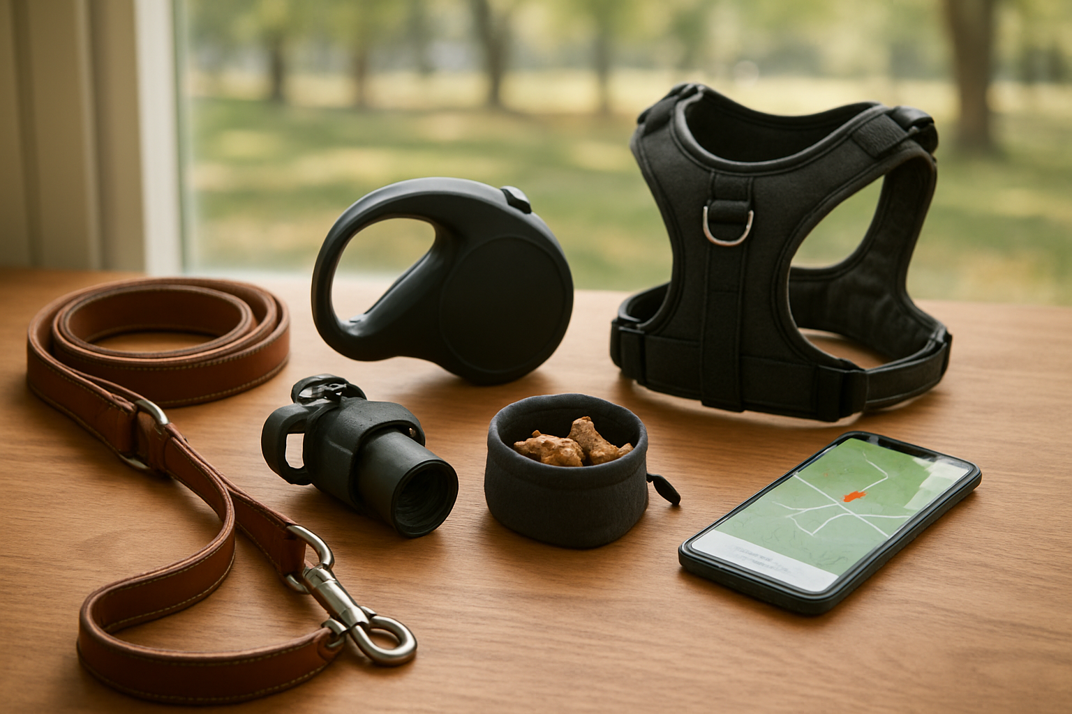 Create a realistic image of a collection of premium dog walking accessories neatly arranged on a wooden surface, including a high-quality leather leash with padded handle, a sturdy retractable leash, a comfortable dog harness, waste bags in a stylish dispenser, a collapsible water bowl, dog treats in a small pouch, and a smartphone with a dog walking app visible on screen, all items appearing modern and well-designed with soft natural lighting from a window creating gentle shadows, the background showing a blurred view of a park with trees, conveying a sense of preparation and quality for an enjoyable dog walking experience, absolutely NO text should be in the scene.