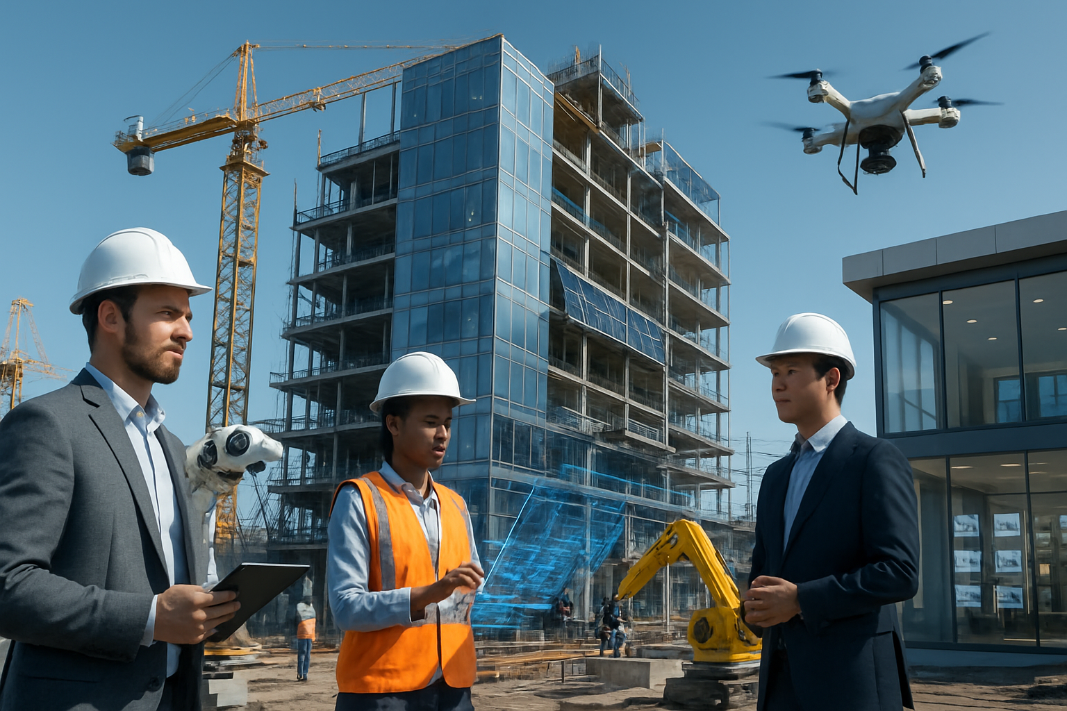 Create a realistic image of a modern construction site and real estate development showcasing AI transformation, featuring a futuristic glass office building under construction with robotic equipment and automated machinery working alongside a diverse team including a white male architect holding a tablet, a black female engineer wearing a hard hat reviewing holographic blueprints, and an Asian male project manager observing drone surveillance overhead, with smart sensors and IoT devices visible throughout the construction framework, solar panels integrated into the building design, digital monitoring screens displaying real-time data, construction cranes equipped with AI sensors, a sleek real estate office visible in the background with floor-to-ceiling windows showing digital property displays, bright daylight illuminating the scene with a clean modern atmosphere conveying innovation and technological advancement, absolutely NO text should be in the scene.