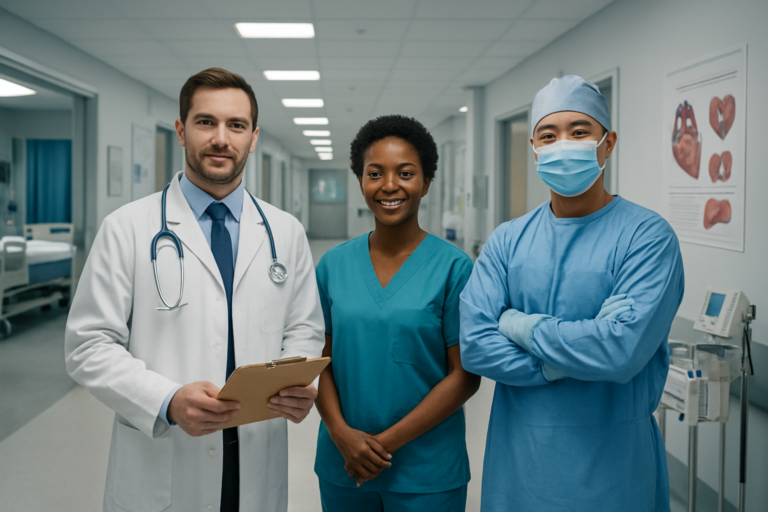 Create a realistic image of a modern American hospital interior featuring a diverse medical team including a white male doctor in a white coat holding a medical chart, a black female nurse in scrubs, and an Asian male surgeon in surgical attire, standing in a well-lit hospital corridor with medical equipment, patient rooms visible in the background, heart and organ transplant educational posters on the walls, a clean sterile environment with modern medical technology, professional healthcare atmosphere with bright fluorescent lighting, and a sense of hope and medical expertise conveying advanced organ transplant capabilities, absolutely NO text should be in the scene.
