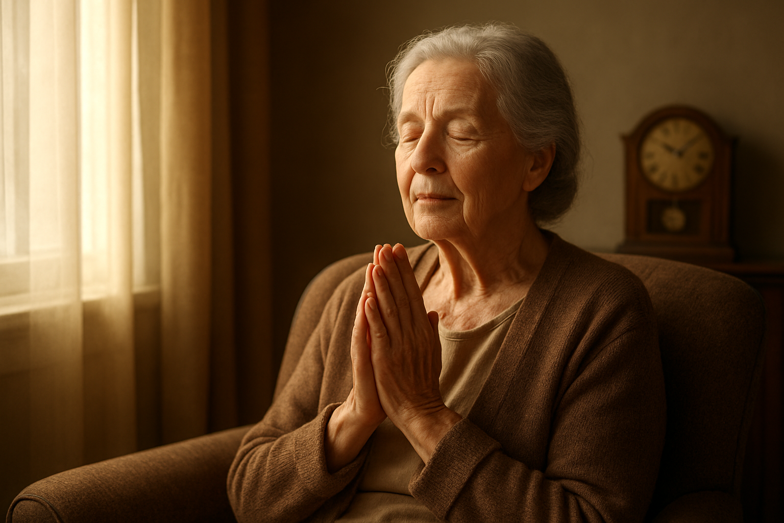 Create a realistic image of an elderly white female with gray hair and gentle wrinkles, sitting peacefully in a comfortable chair by a large window with soft natural light streaming in, her hands folded in prayer position, eyes closed with a serene expression of faith and patience, wearing modest earth-toned clothing, with a subtle hourglass or clock visible in the background symbolizing the passage of time, surrounded by a warm, quiet domestic setting with soft shadows and golden lighting that conveys hope and trust, absolutely NO text should be in the scene.