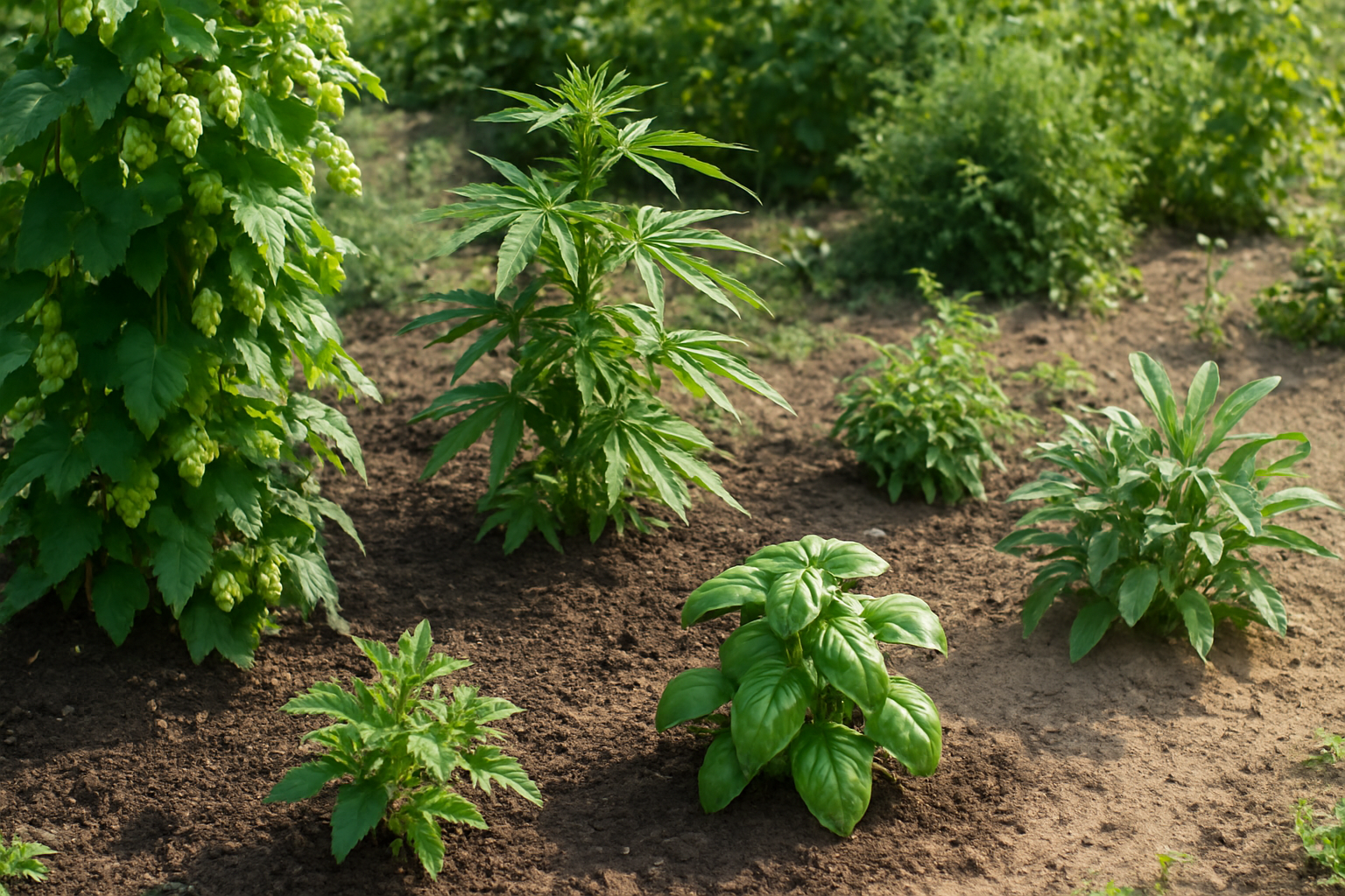 Create a realistic image of various plants including hops vines, cannabis plants, and aromatic herbs like basil and sage growing in different environmental conditions, with some plants in bright sunlight, others in partial shade, some in rich dark soil and others in sandy soil, showing varying stages of growth and maturity to illustrate how different factors affect plant development, set in a research garden or agricultural field with natural lighting, Absolutely NO text should be in the scene.
