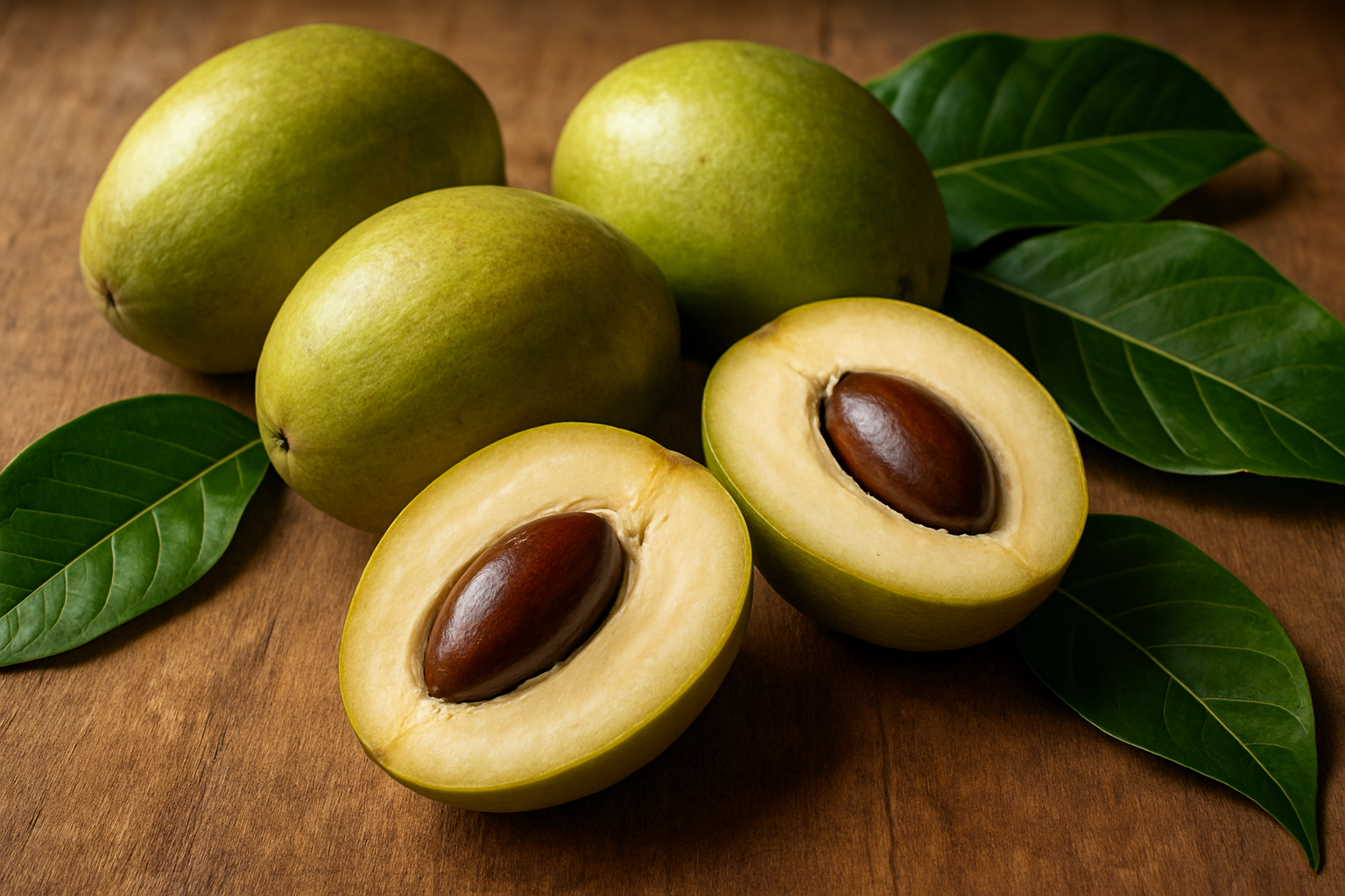 Create a realistic image of fresh Casimiroa fruits showcasing their unique characteristics, featuring whole oval-shaped green-yellow fruits with smooth skin alongside cut-open fruits revealing creamy white flesh and large brown seeds, arranged on a natural wooden surface with tropical leaves as decoration, soft natural lighting highlighting the fruit's distinctive texture and color, warm earthy tones creating an inviting mood that emphasizes the exotic nature of this special fruit, absolutely NO text should be in the scene.