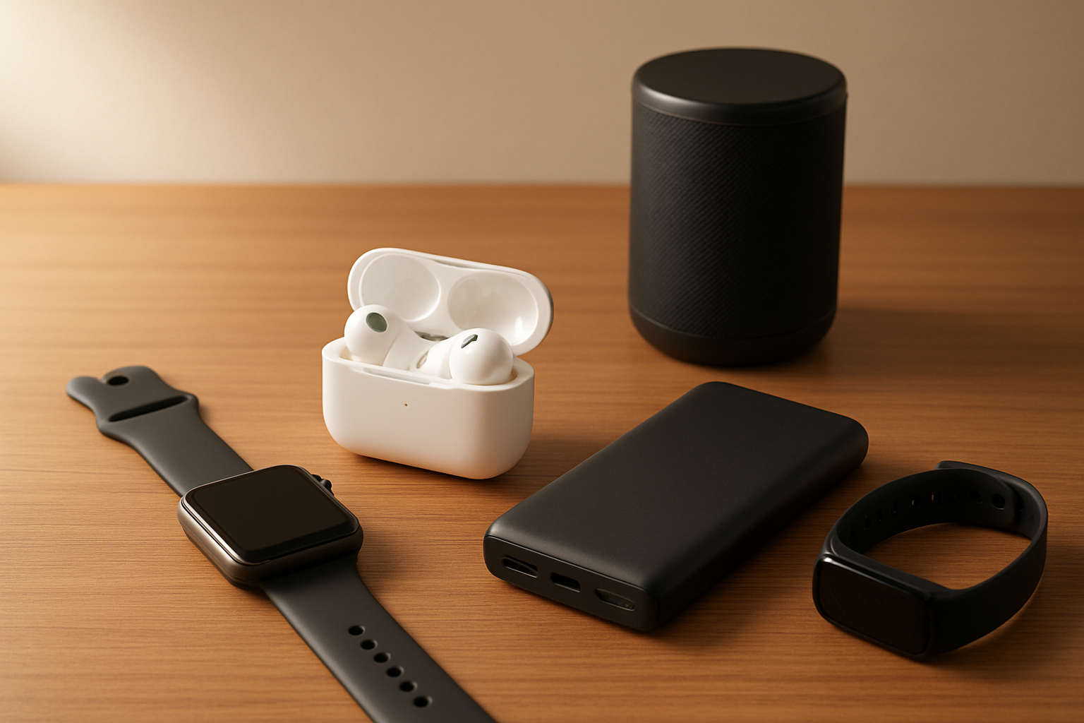 Create a realistic image of modern tech gadgets arranged on a sleek wooden desk surface, featuring a smartwatch with black band, wireless earbuds in an open charging case, a portable phone charger, a Bluetooth speaker, and a fitness tracker, all positioned in an aesthetically pleasing layout with soft natural lighting from the side, warm and inviting atmosphere suggesting these are thoughtful gift options, clean minimalist background with subtle shadows, absolutely NO text should be in the scene.