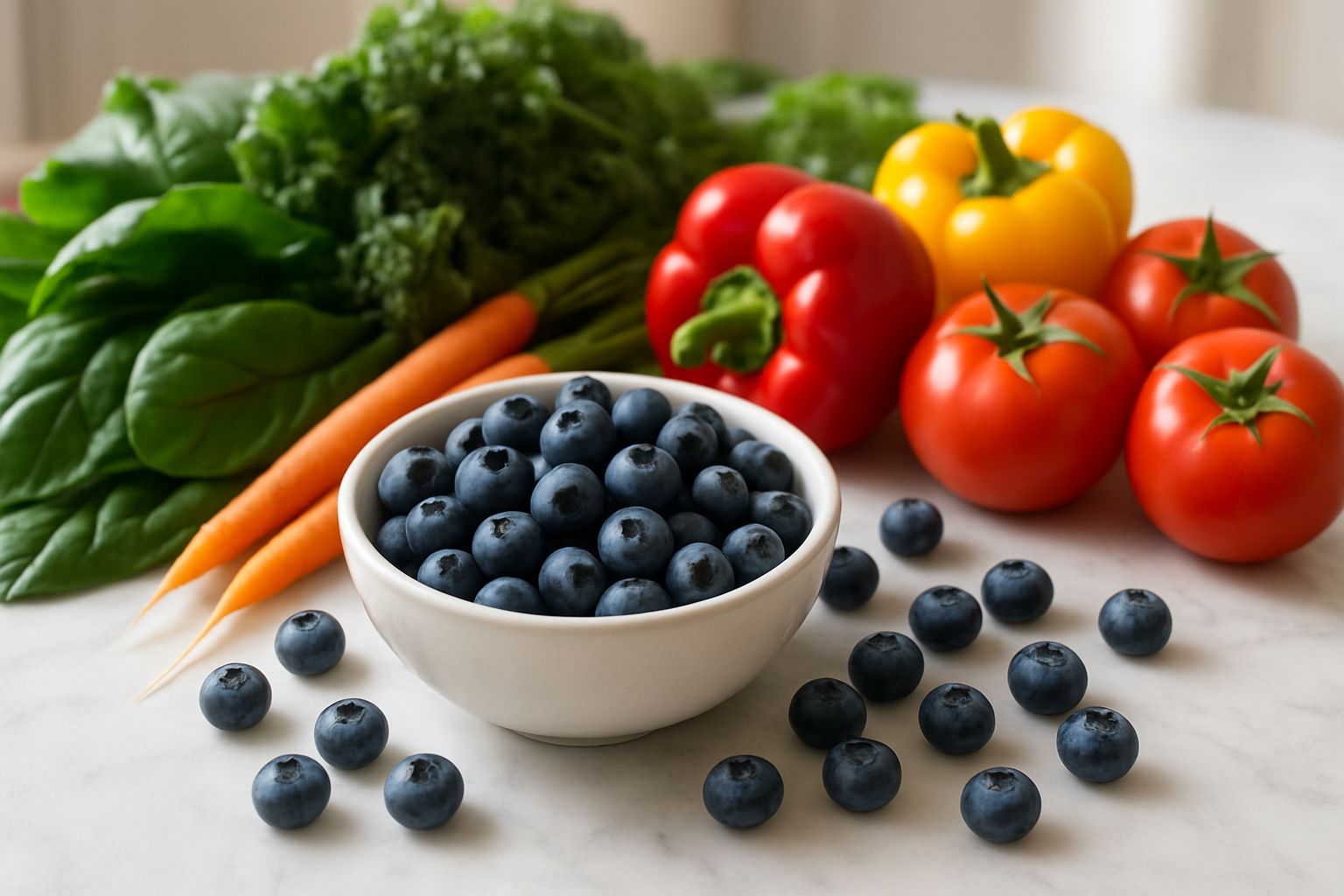 Create a realistic image of fresh blueberries arranged in a white ceramic bowl with some scattered around it, alongside vibrant green leafy vegetables like spinach and kale, colorful bell peppers, orange carrots, and red tomatoes on a clean marble countertop, with soft natural lighting from a nearby window creating gentle shadows, emphasizing the rich purple-blue color of the blueberries and the diverse array of nutritious foods, shot from a slightly elevated angle to showcase the abundance of healthy produce, with a bright and fresh mood that conveys vitality and wellness, absolutely NO text should be in the scene.