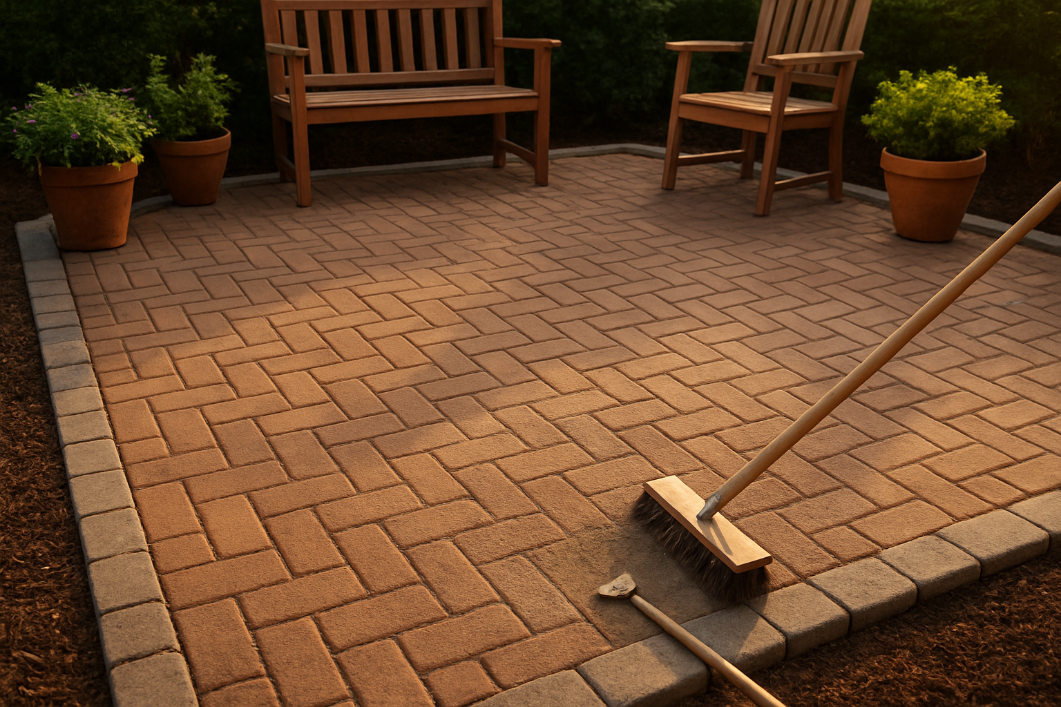 Create a realistic image of a beautifully completed brick patio with finishing touches including polymeric sand being swept between the brick joints, decorative border edging stones neatly installed around the perimeter, a few potted plants positioned at corners, outdoor furniture like a wooden bench or chairs placed on the patio, and gardening tools like a broom and jointing tool nearby, captured during golden hour lighting with warm sunlight casting gentle shadows across the textured brick surface, showing the professional-looking results of careful attention to detail, absolutely NO text should be in the scene.