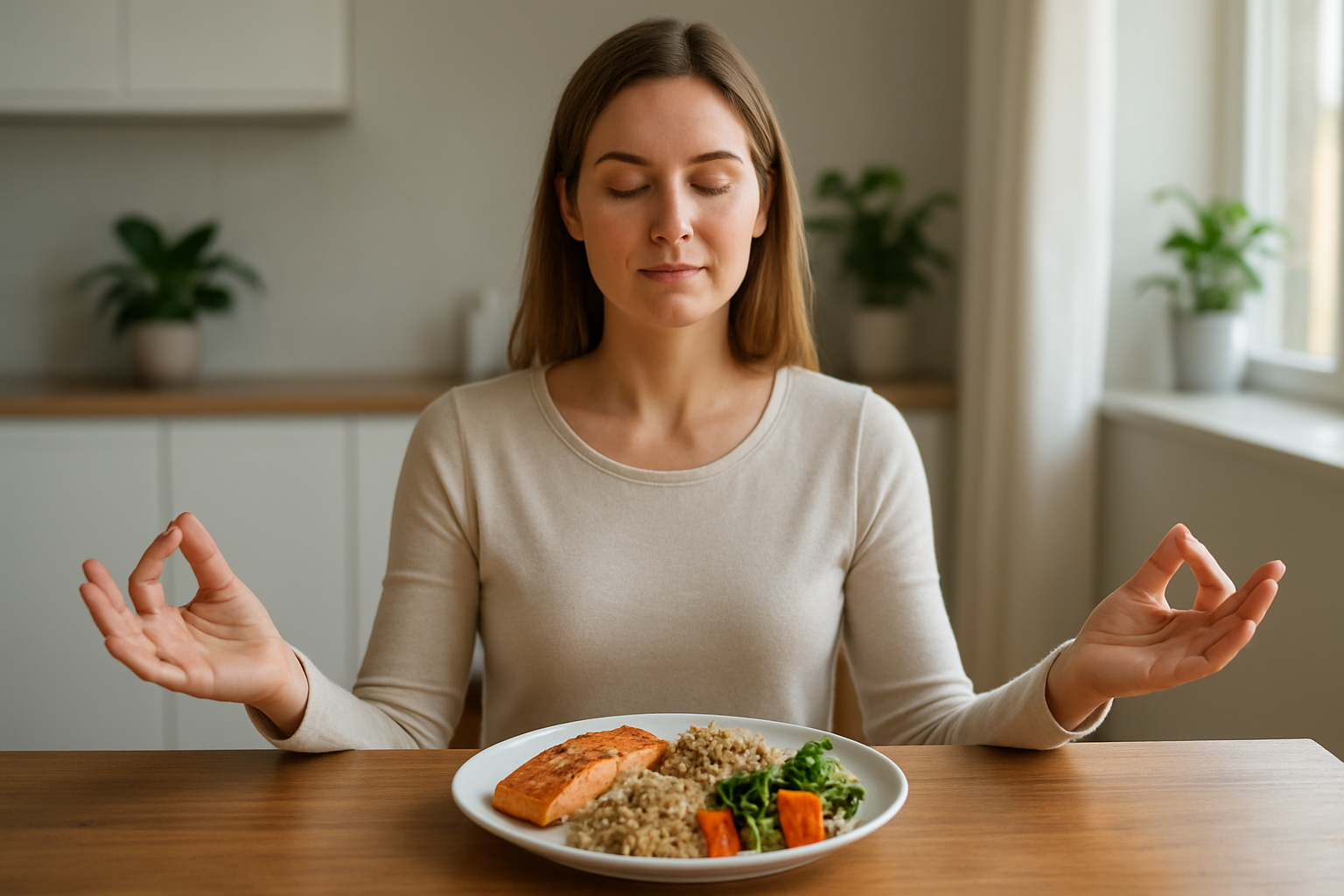 Create a realistic image of a white female sitting at a wooden dining table with a perfectly portioned healthy meal on a white ceramic plate, showing small portions of grilled salmon, quinoa, and steamed vegetables, with her hands positioned mindfully around the plate in a meditative gesture, soft natural lighting streaming through a window creating a calm and peaceful atmosphere, minimalist kitchen background with plants visible, conveying serenity and conscious eating habits, absolutely NO text should be in the scene.
