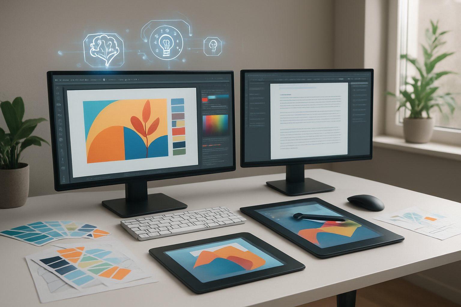 Create a realistic image of a modern workspace featuring multiple AI-powered creative tools in action, showing a sleek computer setup with dual monitors displaying colorful design software interfaces and writing applications, a digital tablet with stylus showing graphic design work, scattered creative materials like color swatches and design sketches on a clean white desk, soft natural lighting from a nearby window, futuristic holographic elements floating above the devices suggesting AI assistance, plants and modern office decor in the background creating an inspiring creative environment, absolutely NO text should be in the scene.