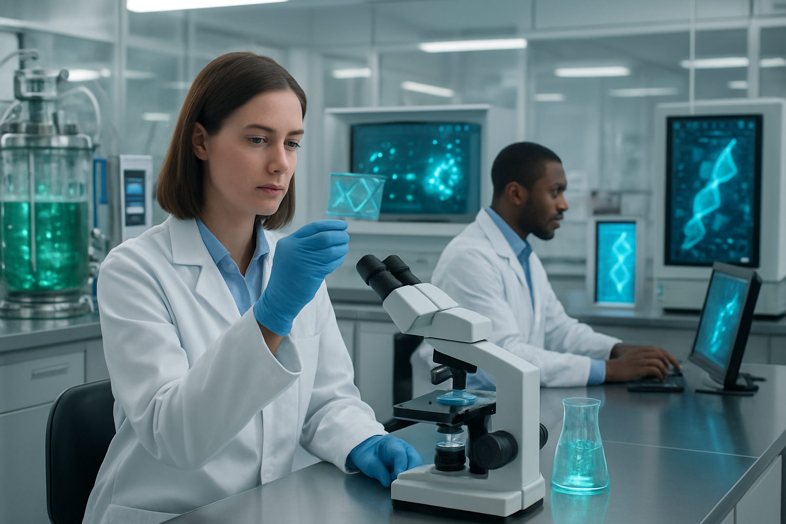 Create a realistic image of a modern medical laboratory with advanced biopharmaceutical equipment including sophisticated microscopes, bioreactors, and genetic sequencing machines, featuring a diverse team of scientists including a white female researcher in a lab coat examining DNA samples and a black male scientist analyzing data on a computer screen, with glowing blue and green molecular structures and DNA helixes visible in glass containers and holographic displays, bright clean lighting illuminating the sterile white laboratory environment with stainless steel surfaces, conveying hope and scientific breakthrough atmosphere, absolutely NO text should be in the scene.