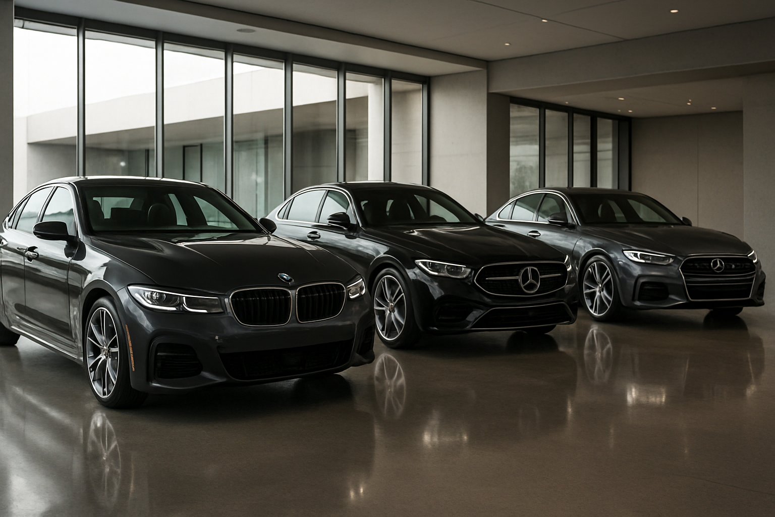 Create a realistic image of three premium German luxury cars (BMW, Mercedes-Benz, and Audi) elegantly arranged in a modern showroom with polished concrete floors and floor-to-ceiling windows, soft natural lighting streaming in from the side, sleek contemporary interior with minimalist design, the vehicles positioned at slight angles to showcase their distinctive front grilles and premium design details, professional automotive photography style with subtle reflections on the glossy floor, upscale dealership atmosphere conveying prestige and quality, absolutely NO text should be in the scene.