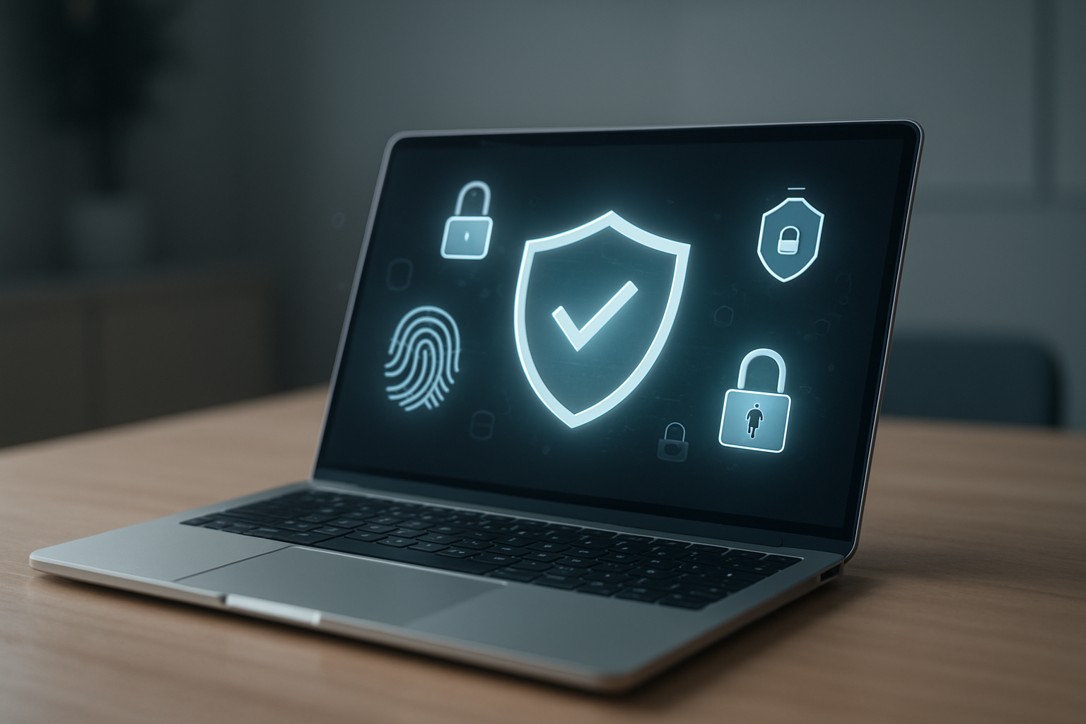 Create a realistic image of a sleek silver MacBook laptop on a modern desk with a subtle digital security interface overlay showing shield icons, fingerprint scanner glowing softly, and privacy symbols floating around the device, set in a contemporary office environment with soft ambient lighting and a clean minimalist background, conveying trust and digital protection, absolutely NO text should be in the scene.
