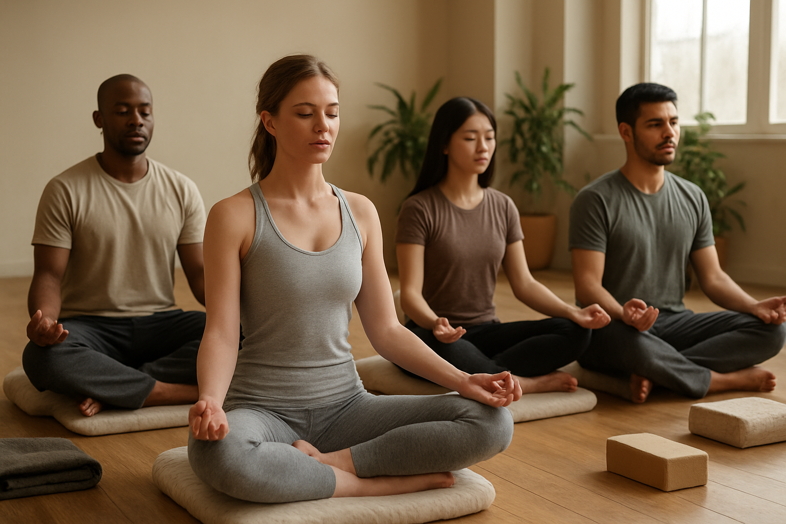 Create a realistic image of a peaceful meditation scene showing a diverse group of beginners learning essential techniques, featuring a white female instructor in comfortable yoga attire demonstrating a seated lotus position alongside three students of different backgrounds - a black male, an Asian female, and a Hispanic male - all sitting cross-legged on meditation cushions in various meditation poses, surrounded by a serene indoor studio environment with wooden floors, soft natural lighting filtering through large windows, potted plants, and meditation props like cushions, blocks, and blankets scattered around, creating a calm and welcoming atmosphere that conveys learning and mindfulness practice, absolutely NO text should be in the scene.