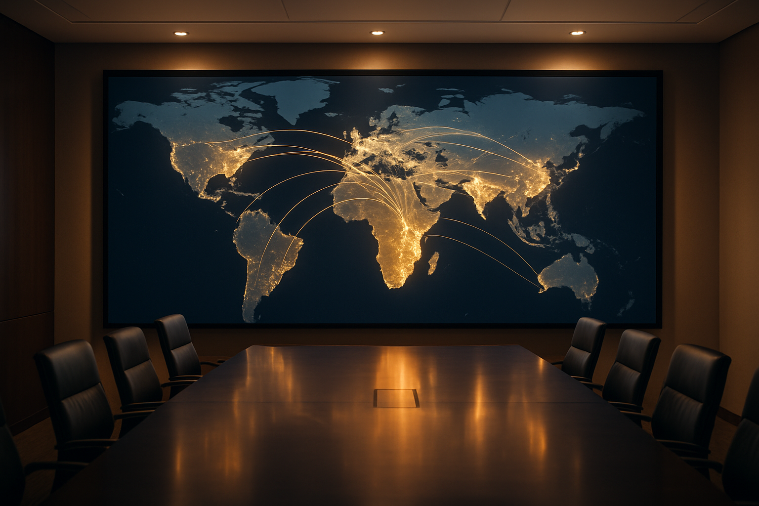 Create a realistic image of a modern world map displayed on a large wall screen showing India prominently highlighted in the center with bright connecting lines extending to multiple destinations across Europe, America, and Asia, with a sleek corporate boardroom setting in the foreground featuring a polished conference table, modern chairs, and professional lighting, conveying strategic business planning and global connectivity, with warm ambient lighting and a sophisticated business atmosphere, absolutely NO text should be in the scene.