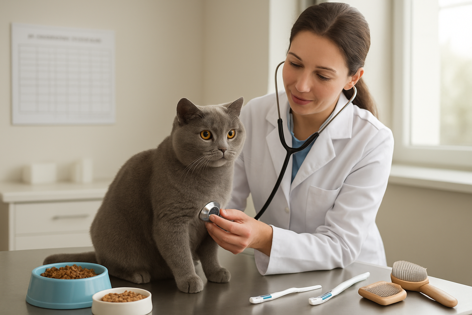 Create a realistic image of a healthy British Shorthair cat with distinctive blue-gray fur sitting on a modern veterinary examination table, with a female white veterinarian in a white coat gently examining the cat with a stethoscope, surrounded by preventive care items including a vaccination schedule chart, dental care tools, grooming brushes, and healthy cat food bowls, set in a clean, well-lit veterinary clinic with soft natural lighting streaming through windows, conveying a caring and proactive healthcare atmosphere, absolutely NO text should be in the scene.