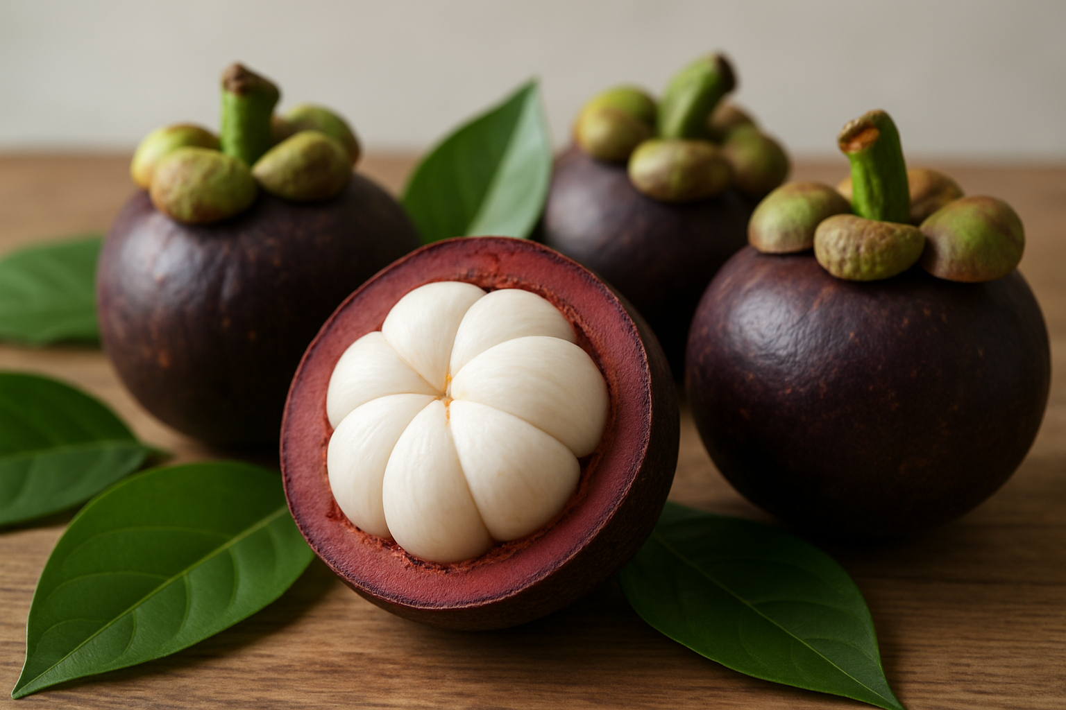 Create a realistic image of fresh mangosteen fruits displayed on a natural wooden surface, showing both whole purple mangosteens with their distinctive thick rind and one cut open to reveal the white segmented flesh inside, surrounded by tropical green leaves, with soft natural lighting highlighting the contrast between the dark purple exterior and bright white interior, set against a clean neutral background that emphasizes the exotic nature of this tropical fruit, absolutely NO text should be in the scene.