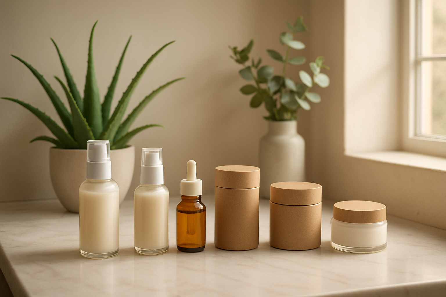 Create a realistic image of a serene bathroom vanity scene featuring an organized collection of natural skincare products including gentle cleansers, moisturizers, and serums in glass bottles and eco-friendly packaging arranged in a systematic order from left to right, with soft green plants like aloe vera and eucalyptus in the background, clean white marble countertop, warm natural lighting streaming through a window, creating a calm and spa-like atmosphere that suggests a daily skincare routine setup, absolutely NO text should be in the scene.