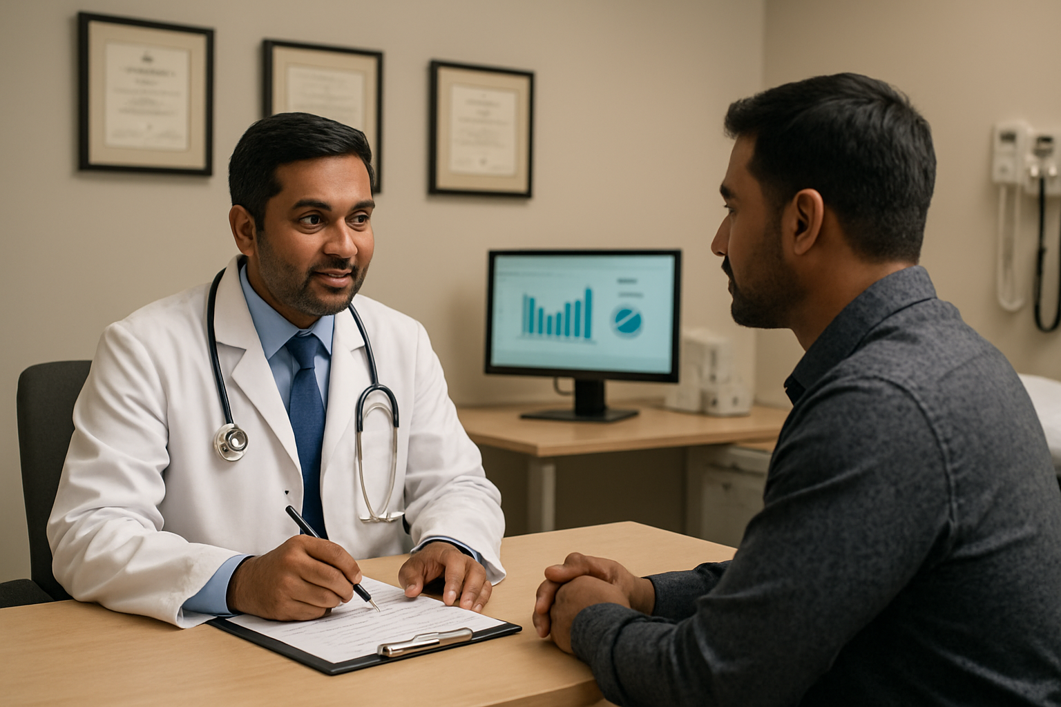 Create a realistic image of a modern medical consultation room with a South Asian male doctor in a white coat sitting across from a South Asian male patient, with medical certificates and diplomas hanging on the wall behind them, a clipboard with evaluation forms on the desk, a computer showing clinic comparison charts, warm professional lighting, clean and sterile environment with medical equipment visible in the background, conveying trust and professionalism, absolutely NO text should be in the scene.