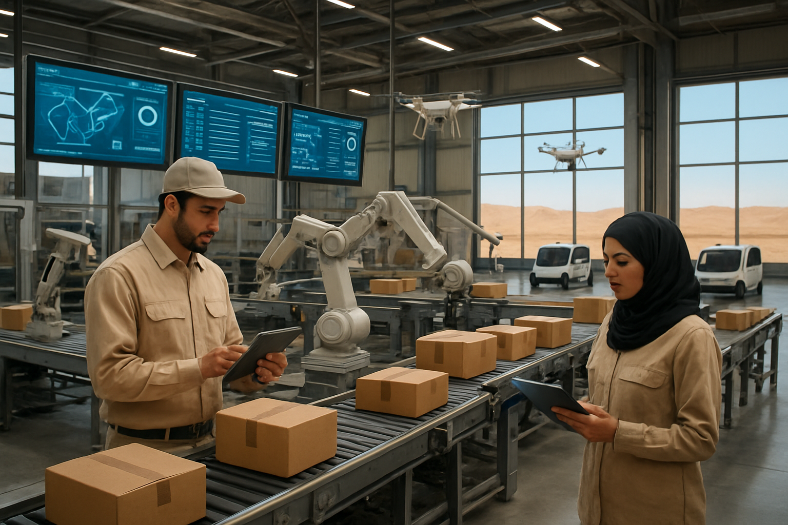 Create a realistic image of a modern logistics warehouse in a Gulf country with advanced technology integration, featuring automated sorting systems with robotic arms, digital screens displaying delivery routes and tracking information, drones positioned for package delivery, autonomous delivery vehicles in the background, Middle Eastern male and female workers in uniforms monitoring the operations, desert landscape visible through large windows, bright industrial lighting illuminating the high-tech facility, packages moving on conveyor belts, and tablets or mobile devices being used for inventory management, absolutely NO text should be in the scene.