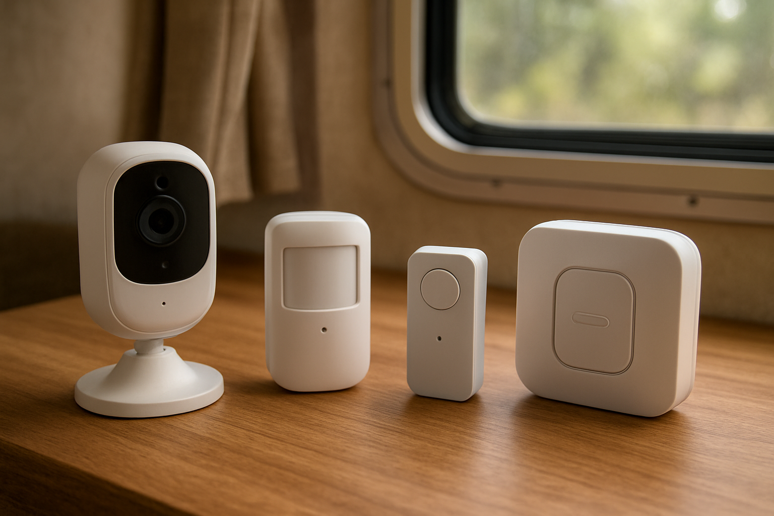Create a realistic image of portable security devices arranged on a wooden table inside a mobile home, featuring a wireless security camera, motion sensor, door/window alarm, and a compact security panel, all with visible battery compartments or wireless indicators, with soft natural lighting coming through a mobile home window in the background, creating a practical and secure atmosphere, absolutely NO text should be in the scene.