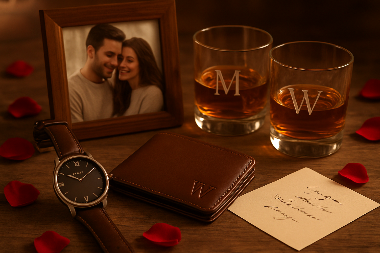 Create a realistic image of a carefully arranged display of personalized Valentine's gifts for men including a custom engraved watch, monogrammed leather wallet, personalized photo frame with a couple's picture, custom whiskey glasses with initials, and a handwritten love note, all elegantly arranged on a rustic wooden table with soft romantic lighting, warm golden tones creating an intimate atmosphere, with subtle Valentine's decorations like rose petals scattered around, absolutely NO text should be in the scene.