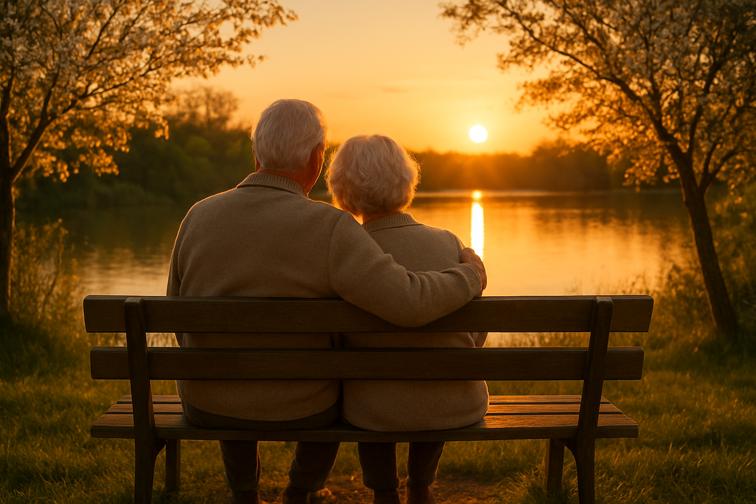 Create a realistic image of a serene outdoor scene at golden hour showing an elderly white male and female couple sitting together on a wooden bench overlooking a calm lake, with the man's arm gently around the woman's shoulders as they watch the sunset, surrounded by blooming trees and soft grass, with warm golden lighting casting a peaceful glow over the entire scene, creating an atmosphere of contentment, wisdom, and enduring love that reflects a lifetime of shared experiences and growth, absolutely NO text should be in the scene.