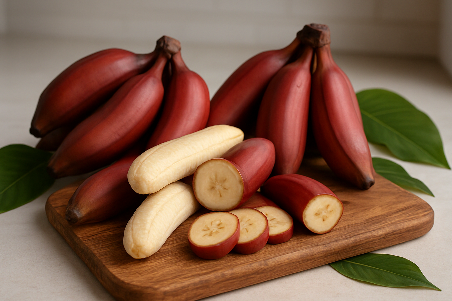 Create a realistic image of a beautifully arranged collection of fresh red bananas with their distinctive reddish-purple peels in various stages of ripeness, some whole and some peeled to reveal the creamy white flesh inside, artfully displayed on a rustic wooden cutting board alongside sliced red banana pieces, set against a clean kitchen counter background with soft natural lighting streaming from the side, creating gentle shadows and highlighting the unique burgundy color and smooth texture of the red banana peels, with a few green tropical leaves subtly placed around the arrangement to emphasize their exotic origin, conveying a sense of completion and culinary inspiration in a warm, inviting kitchen atmosphere, absolutely NO text should be in the scene.