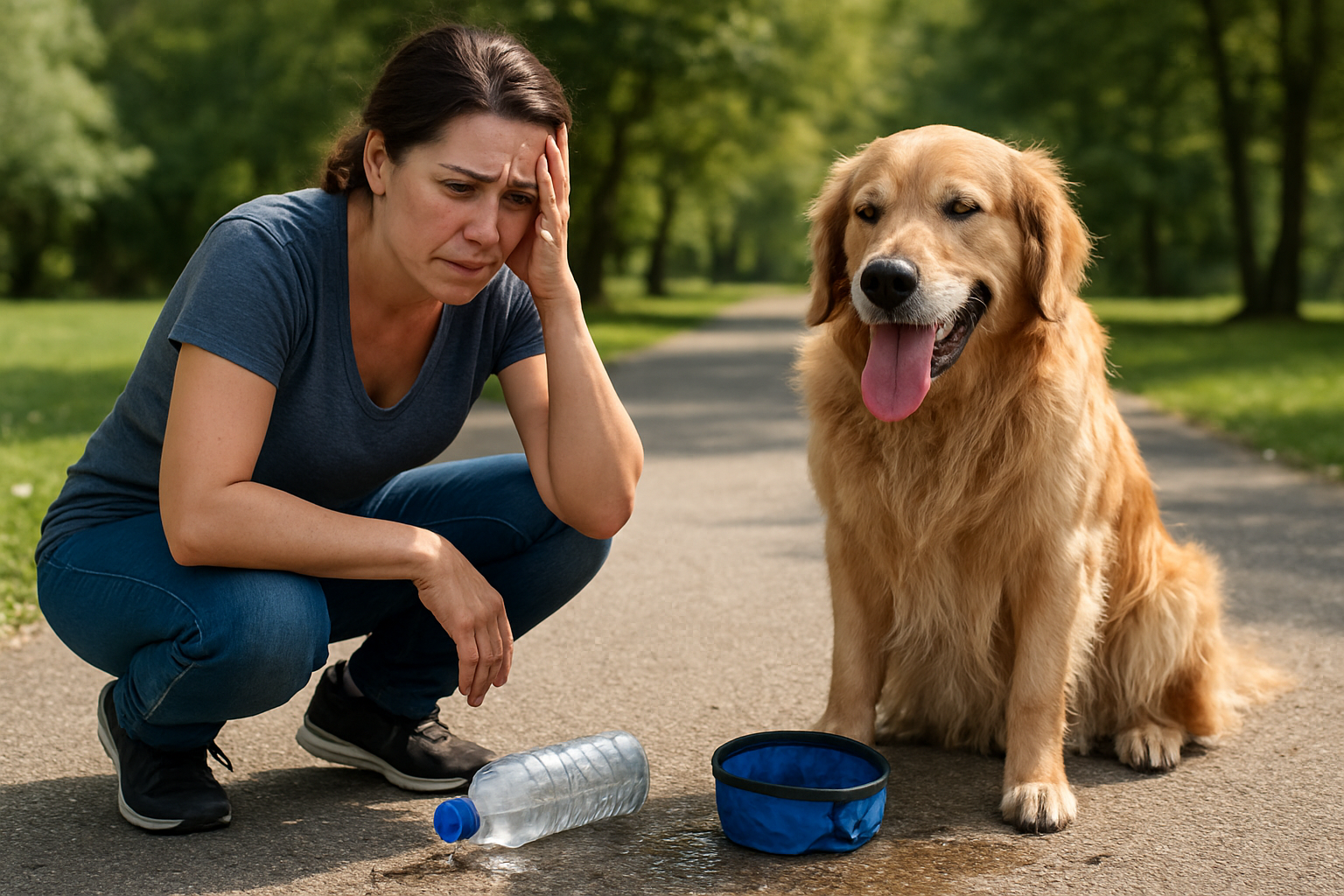 Create a realistic image of a frustrated dog owner kneeling beside their thirsty golden retriever on a park walking path, with scattered traditional water solutions around them including a leaking water bottle, an awkward folding bowl that won't stay upright, and spilled water on the ground, while the panting dog looks uncomfortably thirsty under bright sunny lighting that emphasizes the inconvenience and messiness of conventional portable water methods, with green park trees in the soft-focus background. Absolutely NO text should be in the scene.