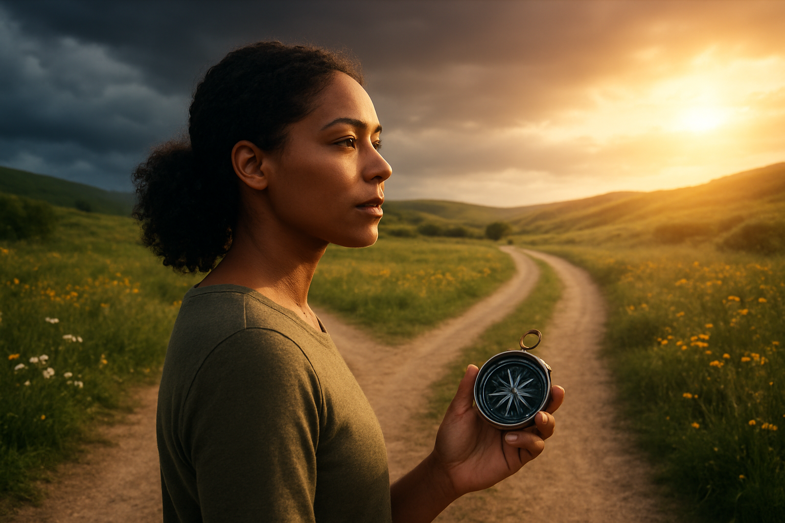 Create a realistic image of a diverse woman with medium skin tone standing at a crossroads path in a serene natural setting, looking forward with determination and hope, one path behind her showing storm clouds clearing while the path ahead is bathed in warm golden sunlight, surrounded by gentle rolling hills and wildflowers, with a compass in her hand symbolizing navigation and direction, soft natural lighting creating an uplifting and empowering mood, absolutely NO text should be in the scene.