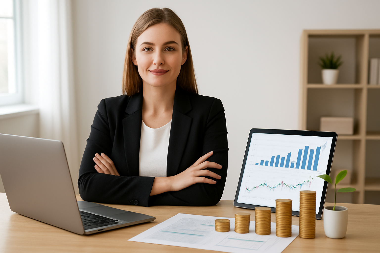 Create a realistic image of a confident young white female sitting at a modern desk with a laptop open, surrounded by visual representations of successful investing including stacks of coins progressively growing in height, a small plant symbolizing growth, financial charts and graphs displayed on a tablet screen, and investment account statements spread neatly on the desk, with a bright and optimistic home office setting featuring natural lighting from a window, clean minimalist decor, and a sense of financial achievement and forward momentum, absolutely NO text should be in the scene.