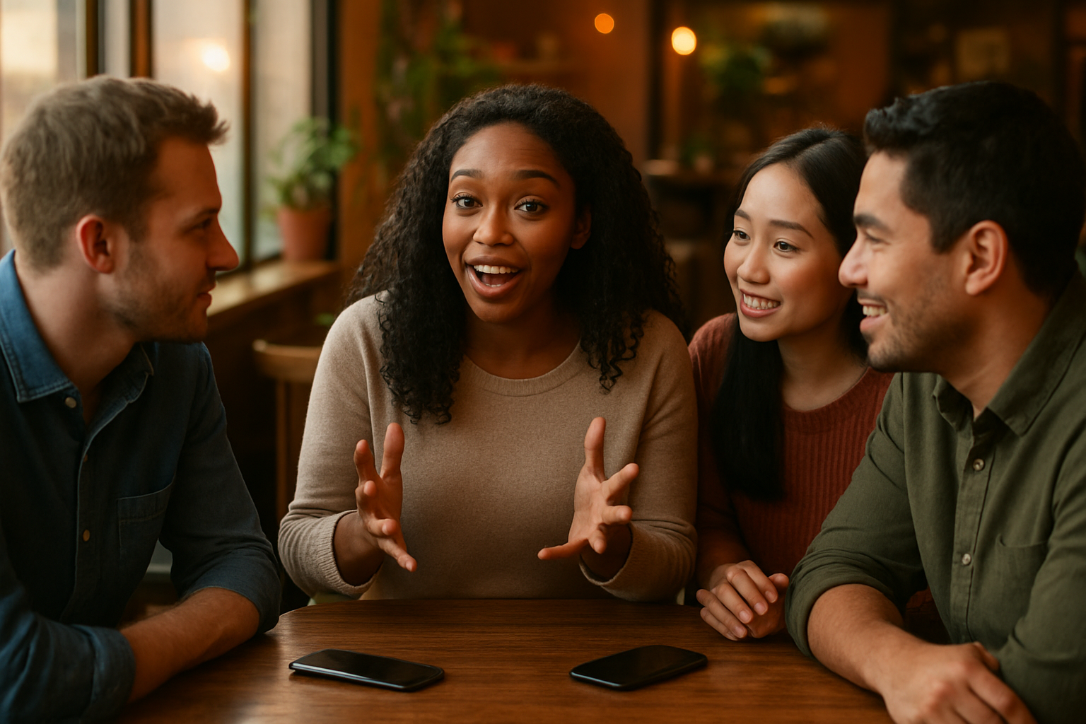 Create a realistic image of a diverse group of people sitting in a cozy coffee shop setting, with a young black female influencer in the center sharing an animated story with genuine emotion and hand gestures while her multiracial audience of three people (a white male, an Asian female, and a Hispanic male) lean in attentively with engaged expressions, warm golden hour lighting streaming through large windows creates an intimate atmosphere, smartphones are visible on the wooden table but everyone is focused on the storyteller, the background shows blurred cafe elements with plants and warm wooden textures, capturing the essence of authentic human connection and genuine storytelling in a social media context, absolutely NO text should be in the scene.