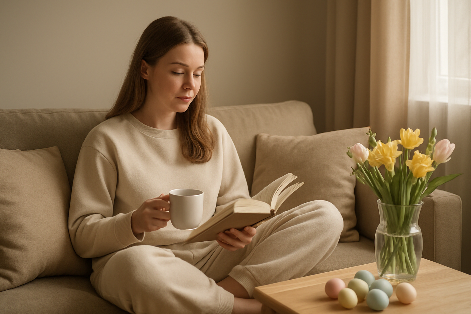 Create a realistic image of a peaceful indoor scene showing a white female sitting alone in comfortable loungewear on a cozy couch, reading a book while holding a warm cup of tea, surrounded by soft Easter decorations like pastel colored eggs and spring flowers in a vase, with gentle natural light streaming through a nearby window creating a serene atmosphere that conveys self-reflection and personal growth, featuring warm neutral tones and a calm, nurturing environment. Absolutely NO text should be in the scene.