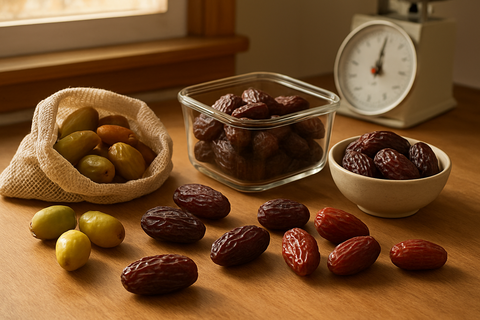 Create a realistic image of fresh dates in various stages of ripeness displayed on a wooden kitchen counter, with some dates in an airtight glass container, others in a mesh produce bag, and a few scattered loose dates showing different varieties like Medjool and Deglet Noor, alongside a small bowl of perfectly stored dates with a kitchen scale nearby, warm natural lighting streaming through a window creating soft shadows, emphasizing the selection process and proper storage methods for maintaining date quality, absolutely NO text should be in the scene.