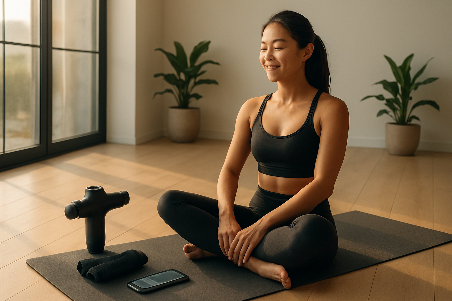 Create a realistic image of a fit Asian female athlete in her late twenties sitting peacefully on a yoga mat in a modern, minimalist home gym space, surrounded by smart recovery tools including a massage gun, foam roller, compression sleeves, and a smartphone displaying a wellness app, with natural sunlight streaming through large windows creating a calm and rejuvenating atmosphere, soft shadows on light wooden floors, plants in the background adding a sense of balance and wellness, the woman appearing relaxed and content with a gentle smile, embodying the concept of smart recovery and daily strength, warm golden hour lighting, absolutely NO text should be in the scene.