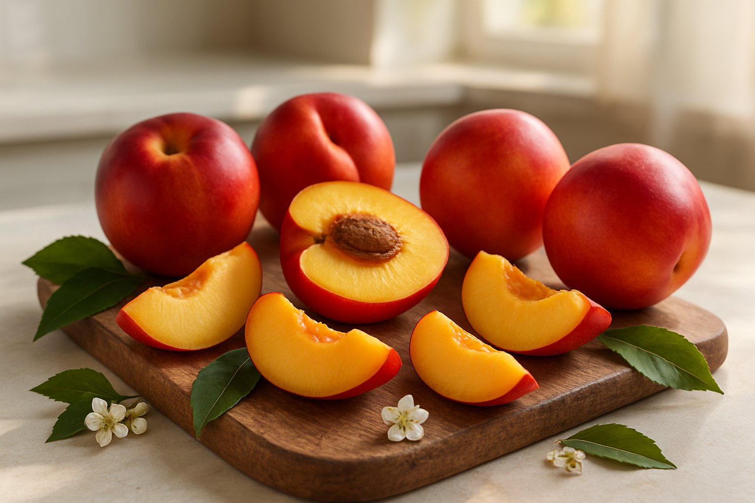 Create a realistic image of fresh, vibrant nectarines arranged artistically on a rustic wooden cutting board with some whole nectarines and others sliced to show their juicy interior and pit, surrounded by green leaves and small white blossoms, with soft natural lighting filtering through a kitchen window creating warm highlights on the fruit's smooth skin, set against a clean, bright kitchen counter background with subtle shadows, conveying a fresh, healthy, and appetizing mood that summarizes the complete nectarine experience from farm to table, absolutely NO text should be in the scene.