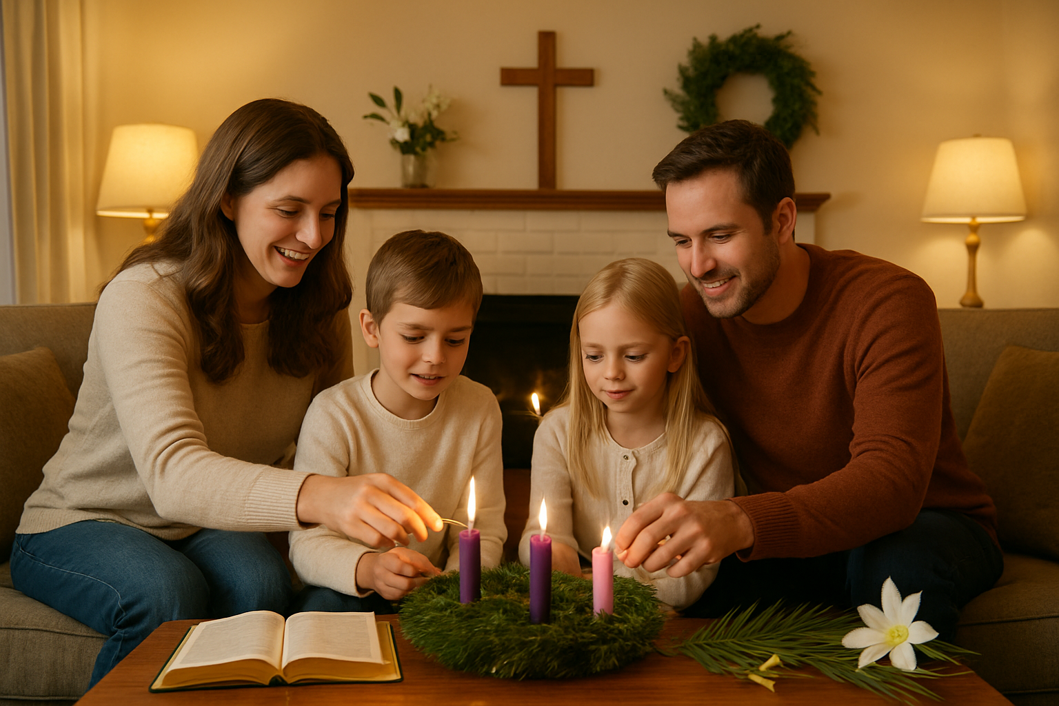 Create a realistic image of a cozy living room scene with a white family of four gathered around a coffee table engaging in faith-based activities, with a mother and father helping two children light advent candles, Christian symbols like a wooden cross on the mantel, a family Bible open on the table, seasonal decorations that blend Christmas and Easter elements including palm branches and lilies, warm golden lighting from table lamps creating an intimate atmosphere, comfortable furniture in earth tones, and a peaceful home environment that conveys year-round spiritual celebration, absolutely NO text should be in the scene.