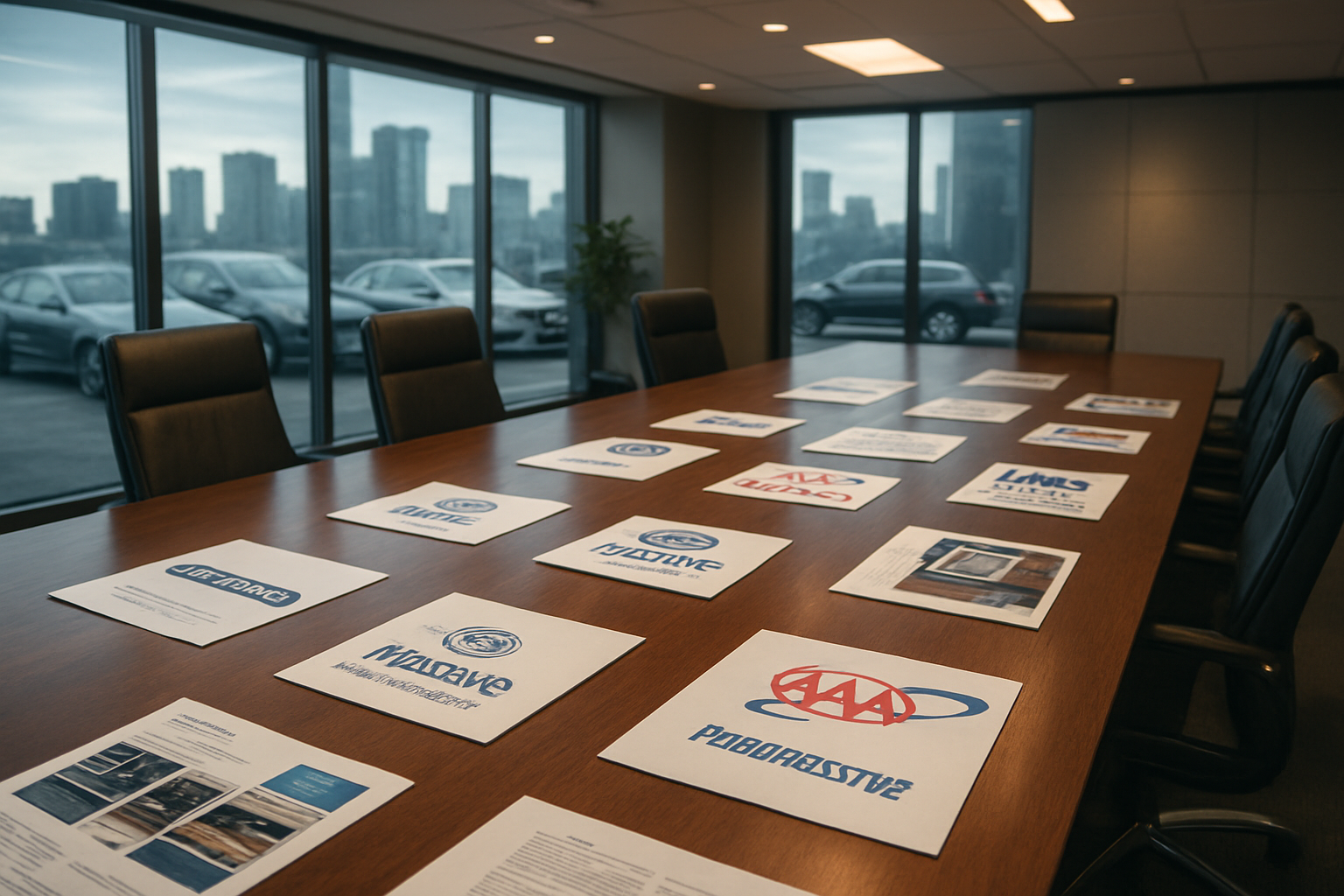 Create a realistic image of a professional office conference room with a large polished wooden table displaying multiple branded car insurance company logos and brochures spread across the surface, including recognizable insurance company materials and policy documents, with a sleek modern office environment featuring glass windows showing a city skyline in the background, soft natural lighting from the windows combined with warm overhead lighting, and a few luxury cars visible in the parking area outside the windows, conveying a sense of professionalism and trustworthiness in the insurance industry, absolutely NO text should be in the scene.