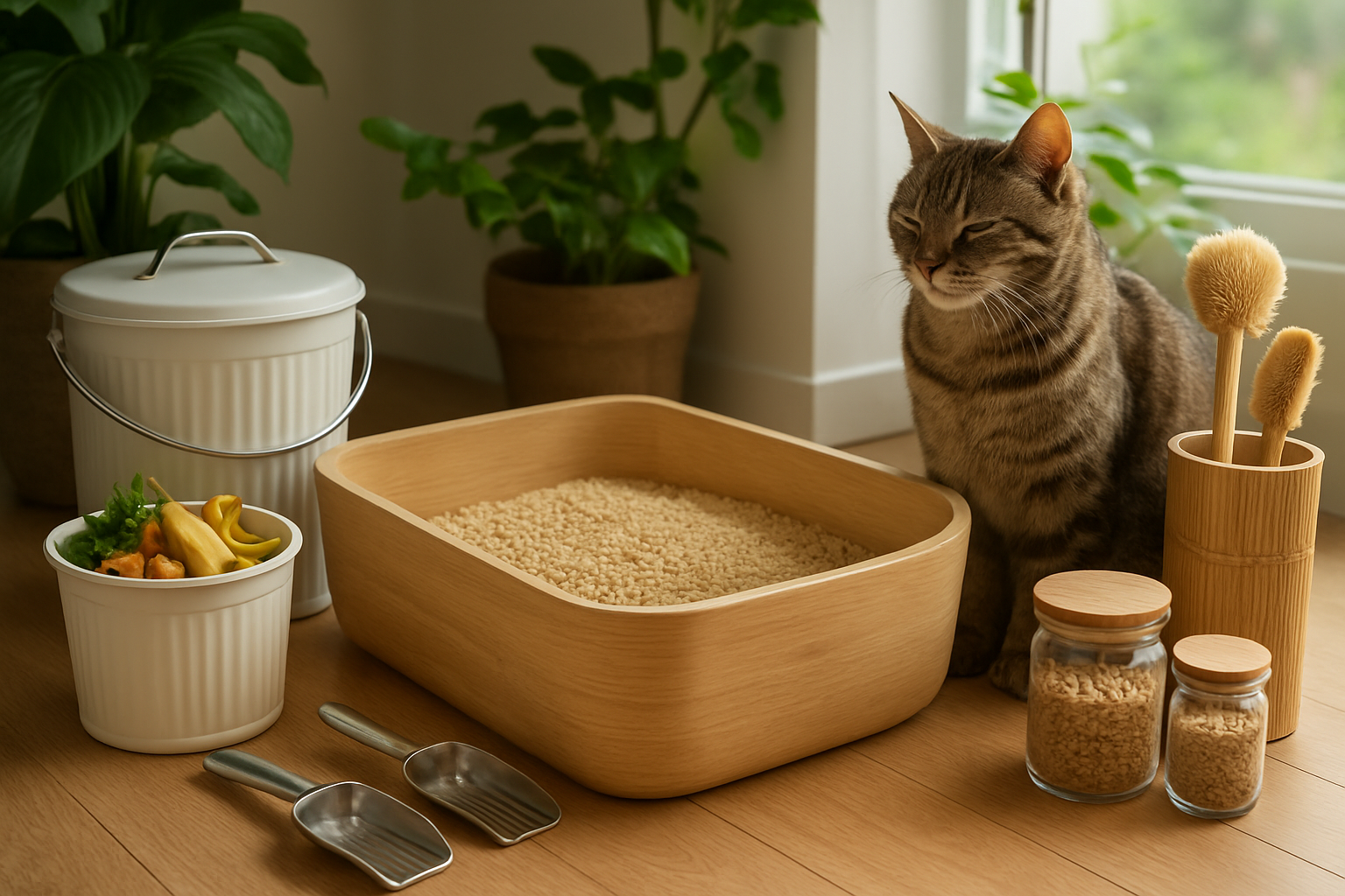 Create a realistic image of a modern indoor scene showing eco-friendly cat waste management with a wooden biodegradable cat litter box filled with natural corn-based litter, a compost bin with organic waste nearby, reusable metal scoops, glass storage jars containing natural litter materials, bamboo cleaning supplies, and a tabby cat sitting peacefully beside the setup, all arranged on a wooden floor with soft natural lighting from a window, green plants in the background creating an environmentally conscious atmosphere, absolutely NO text should be in the scene.