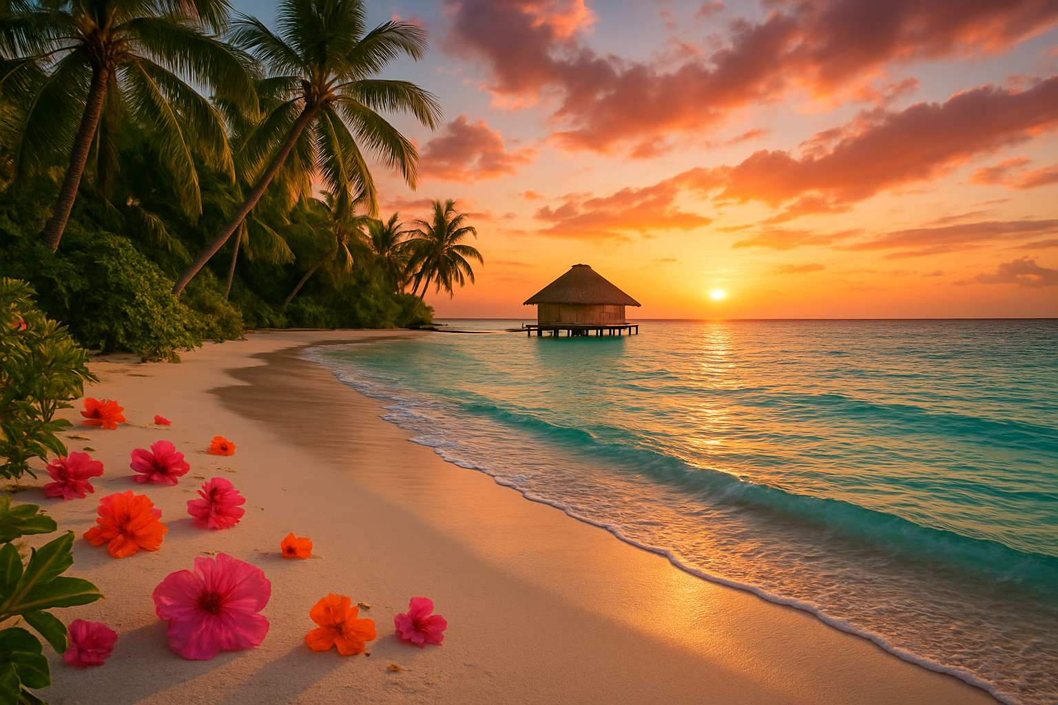 Create a realistic image of a stunning tropical beach scene with crystal clear turquoise water, pristine white sand, and lush green palm trees swaying gently in the breeze, featuring a romantic overwater bungalow with thatched roof in the distance, scattered tropical flowers in vibrant pink and orange colors along the shoreline, dramatic sunset lighting casting warm golden and pink hues across the sky and reflecting on the calm ocean surface, creating a serene and intimate atmosphere perfect for couples, with gentle waves lapping the beach and tropical vegetation framing the scene, absolutely NO text should be in the scene.
