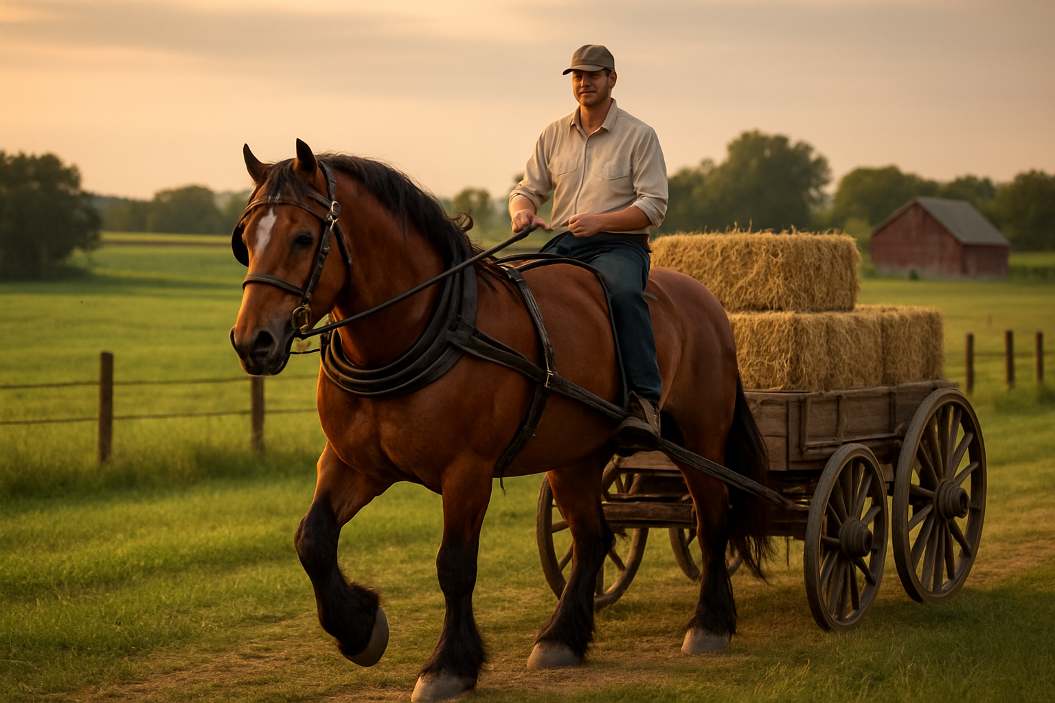Create a realistic image of a magnificent BK horse in a rural setting showcasing its versatility, with the horse simultaneously pulling a wooden cart loaded with hay bales while a white male rider sits confidently in the saddle, demonstrating both riding and draft work capabilities, set against a pastoral farmland background with rolling green fields, wooden fence posts, and a rustic red barn in the distance, captured in warm golden hour lighting that highlights the horse's muscular build and glossy coat, conveying strength and adaptability, absolutely NO text should be in the scene.