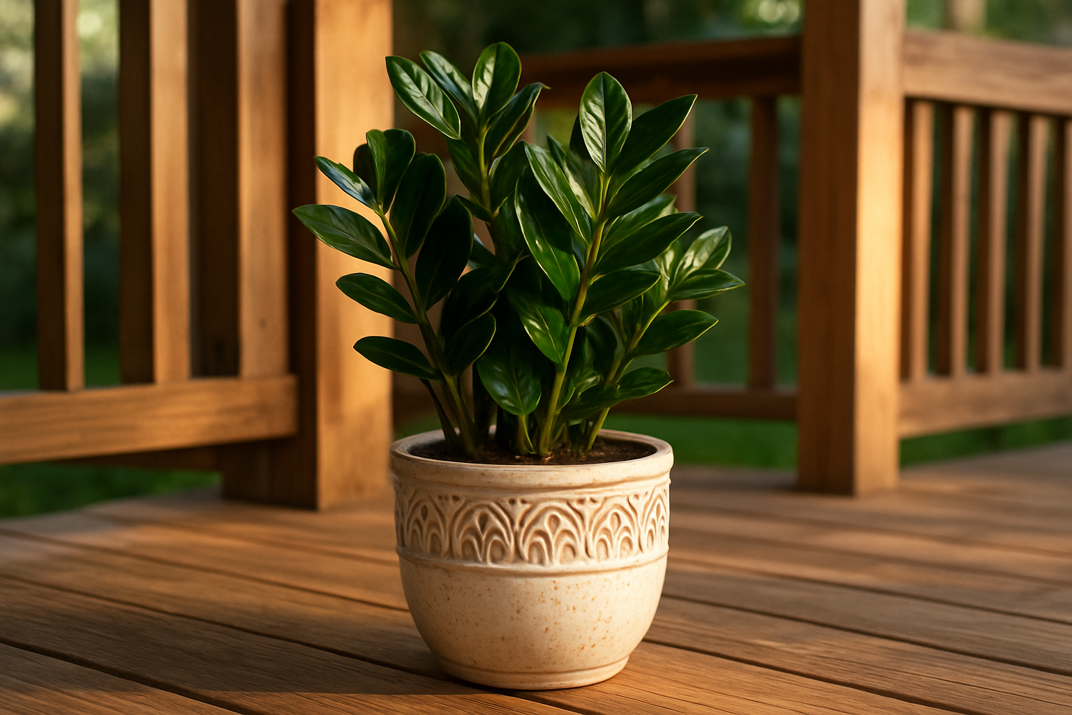 Create a realistic image of a healthy ZZ plant (Zamioculcas zamiifolia) in a decorative ceramic pot placed on a wooden porch floor, with glossy dark green waxy leaves catching natural sunlight, wooden porch railings and pillars visible in the background, warm afternoon lighting creating gentle shadows, peaceful residential porch setting that conveys low-maintenance gardening, absolutely NO text should be in the scene.