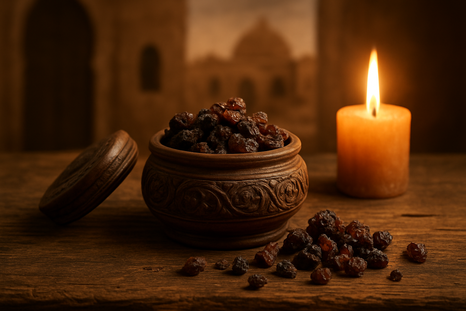 Create a realistic image of a small clay vessel or ornate wooden box containing dark, resinous myrrh with some pieces scattered nearby on an ancient wooden table, warm golden candlelight illuminating the scene from the side, creating soft shadows and highlighting the texture of the precious aromatic resin, with a desert or Middle Eastern architectural background visible in soft focus, conveying a sense of ancient reverence and spiritual significance, absolutely NO text should be in the scene.