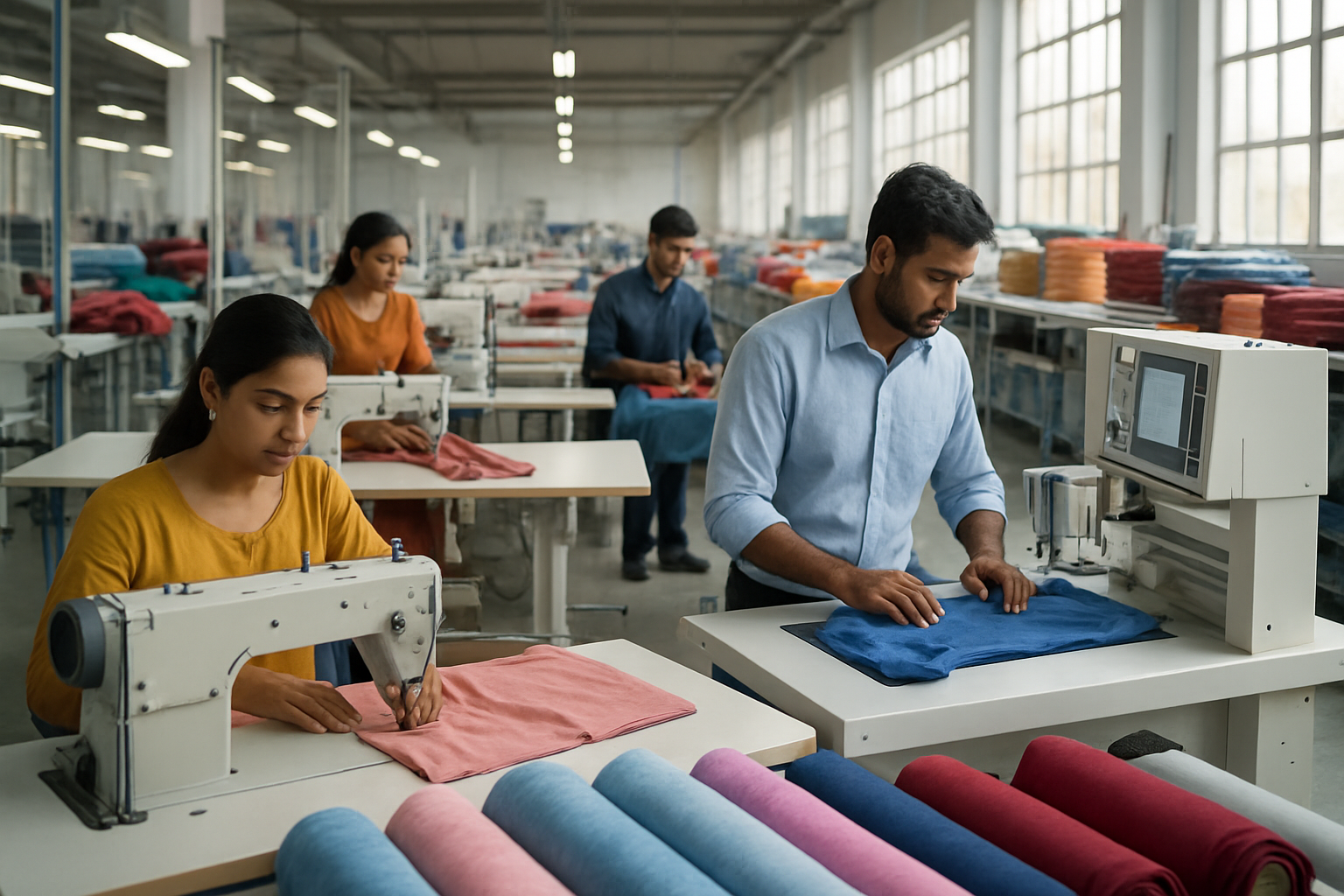 Create a realistic image of a modern Indian textile manufacturing facility showcasing advanced machinery with skilled South Asian male and female workers operating high-tech sewing machines and quality control equipment, rolls of colorful fabrics and finished garments visible throughout the production floor, large windows providing natural lighting that highlights the efficient workflow and clean organized workspace, conveying productivity and excellence in apparel manufacturing, absolutely NO text should be in the scene.