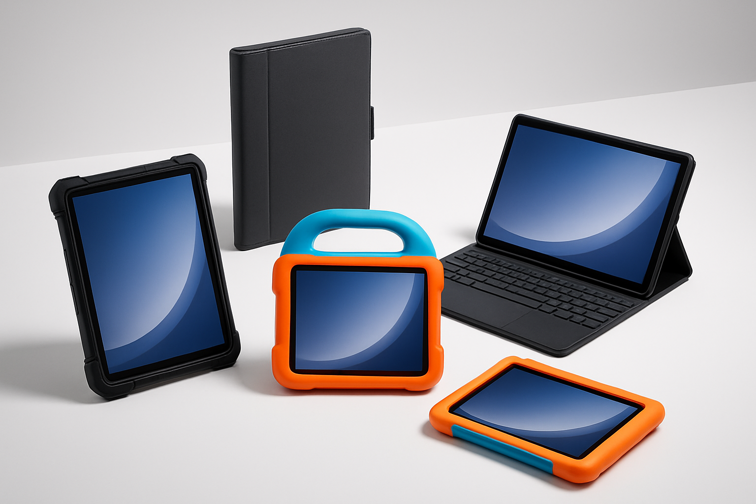 Create a realistic image of multiple Samsung Galaxy Tab A9+ tablets displayed in different specialized protective cases including a rugged black case with reinforced corners, a sleek leather portfolio case, a colorful kids-friendly case with thick padding, and a professional keyboard case, all arranged on a clean white surface with soft studio lighting, shot from a slightly elevated angle to showcase the variety of case options, absolutely NO text should be in the scene.