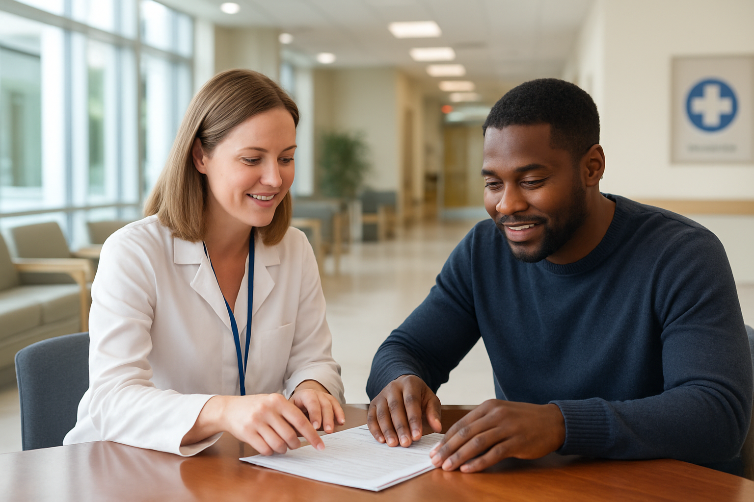 Create a realistic image of a modern hospital reception desk with a white female healthcare administrator helping a black male patient review insurance documents and benefits paperwork, with both people sitting at a polished wooden desk, surrounded by a bright, welcoming hospital lobby with large windows, comfortable seating areas, and professional medical facility signage in the background, soft natural lighting creating a reassuring and professional atmosphere, absolutely NO text should be in the scene.